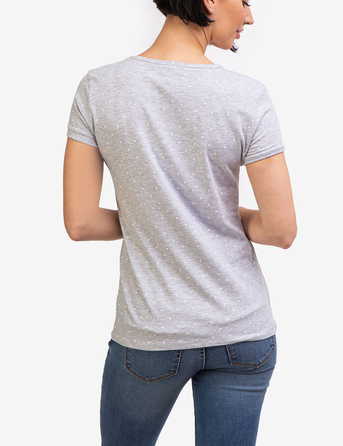 Dot Print V-Neck T-Shirt - Cotton Spandex Blend Tee