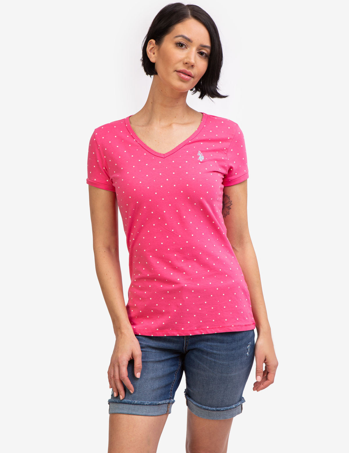 Dot Print V-Neck T-Shirt - Cotton Spandex Blend Tee