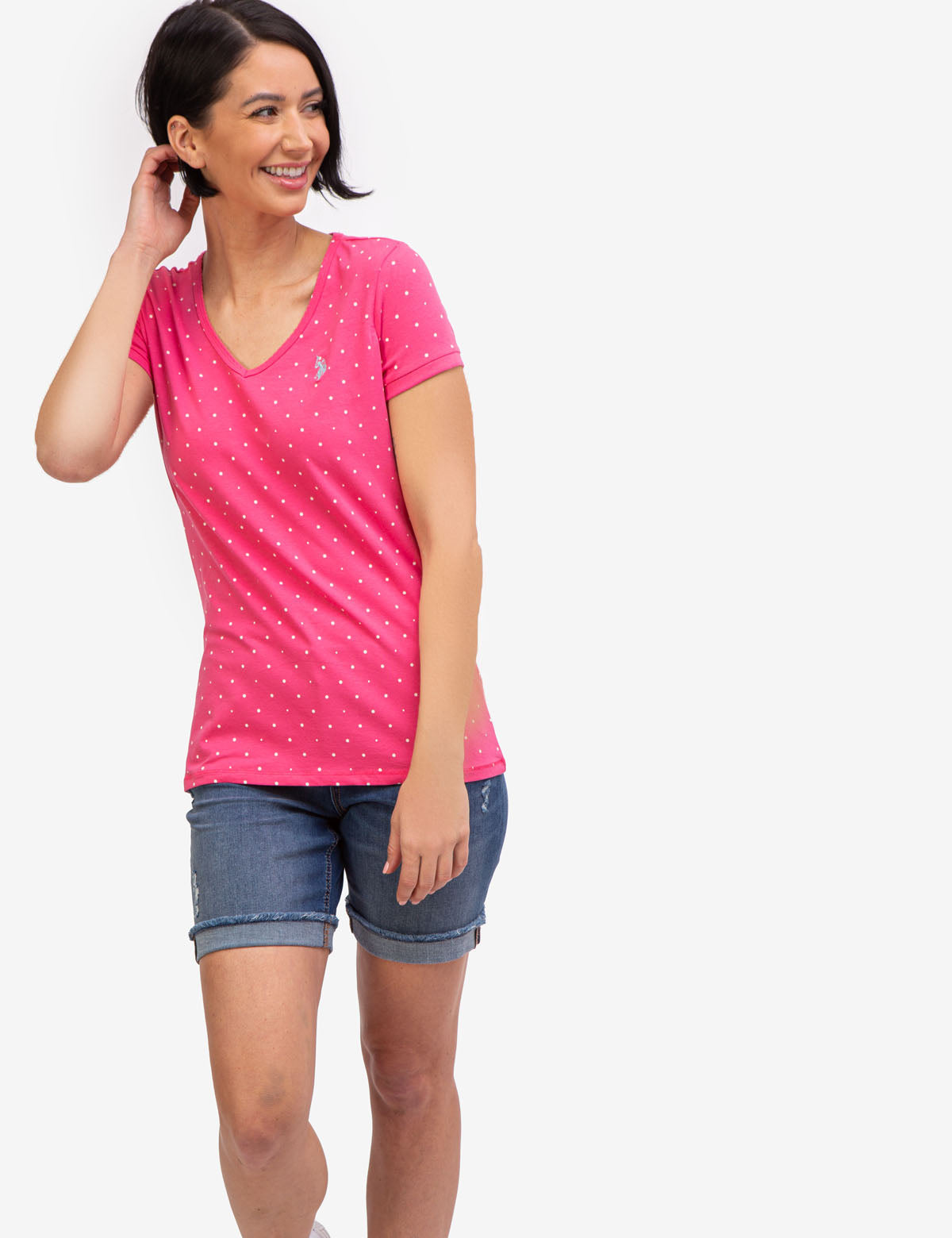 Dot Print V-Neck T-Shirt - Cotton Spandex Blend Tee