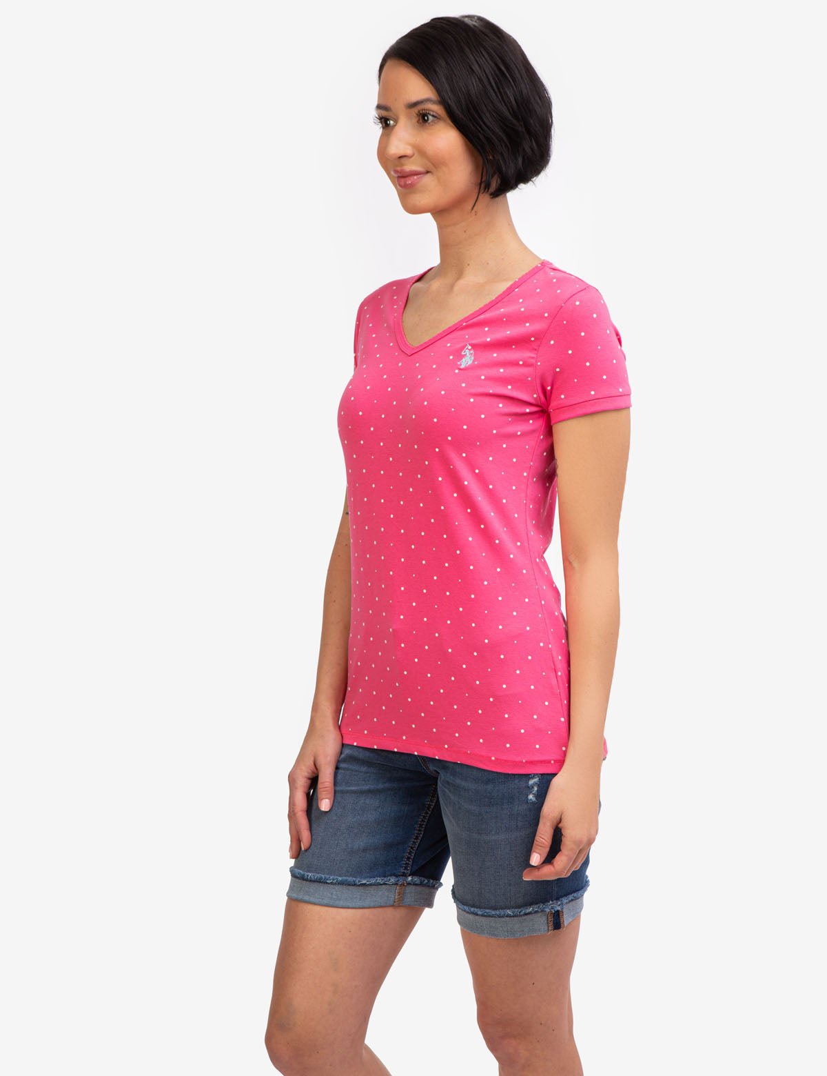 Dot Print V-Neck T-Shirt - Cotton Spandex Blend Tee