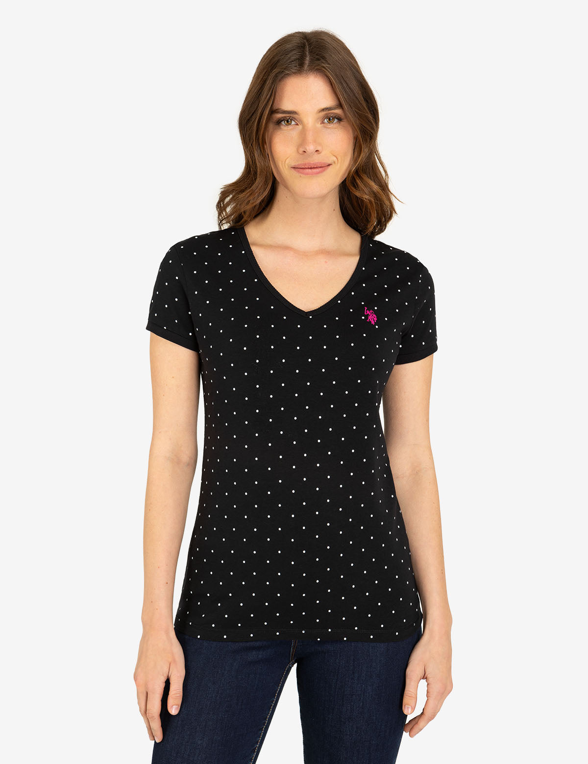 Dot Print V-Neck T-Shirt - Cotton Spandex Blend Tee