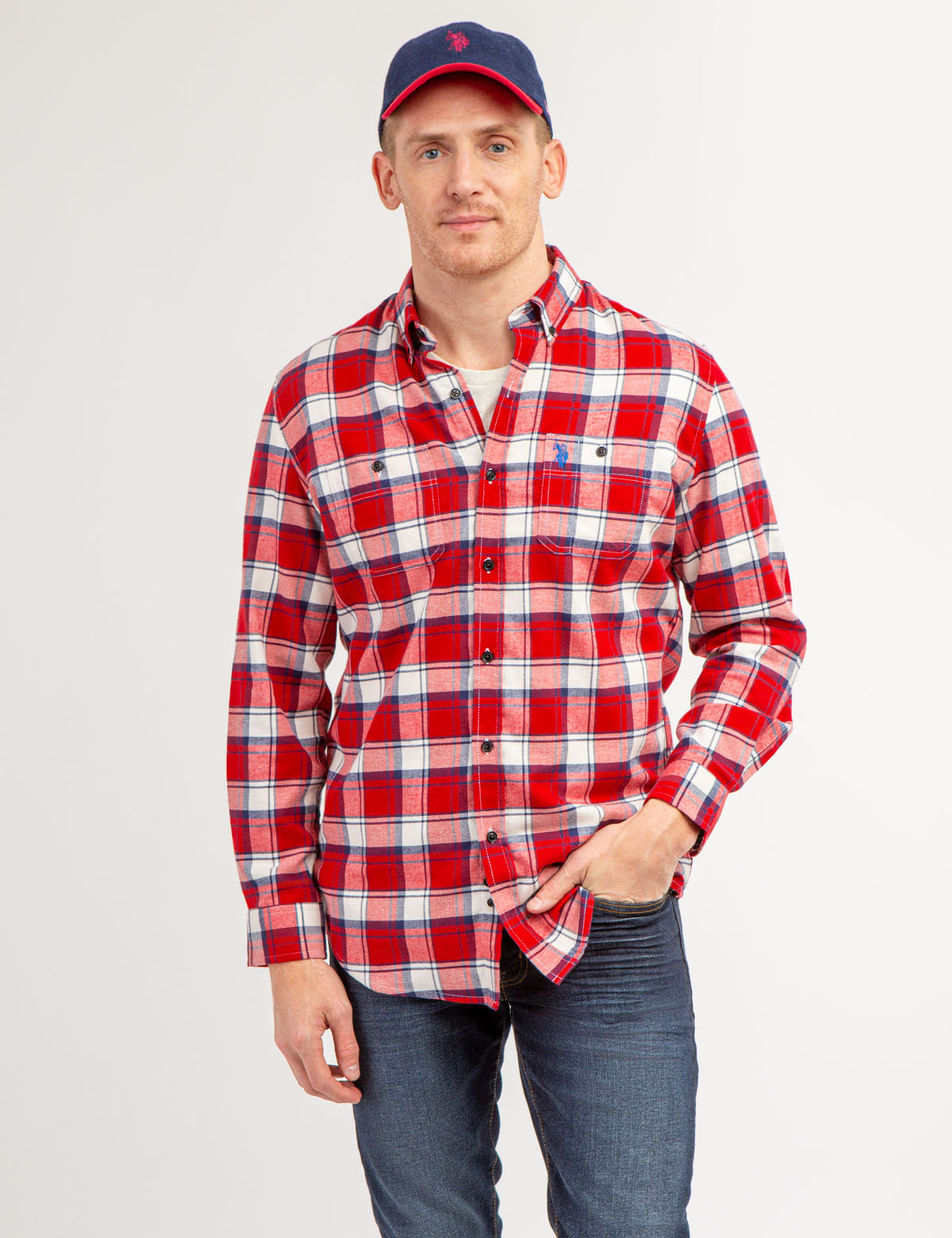 Men's Plaid Long Sleeve Shirt with Double Chest Pockets