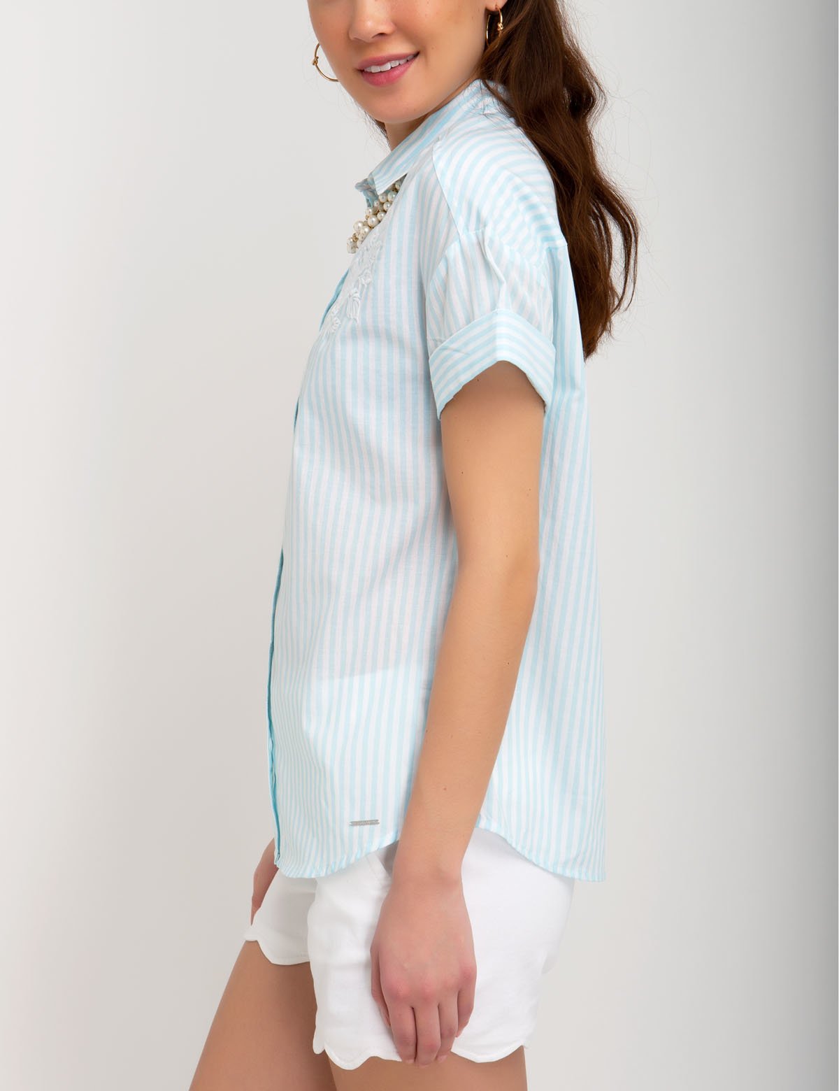 UPSA Cotton Embroidered Striped Button-Up Shirt