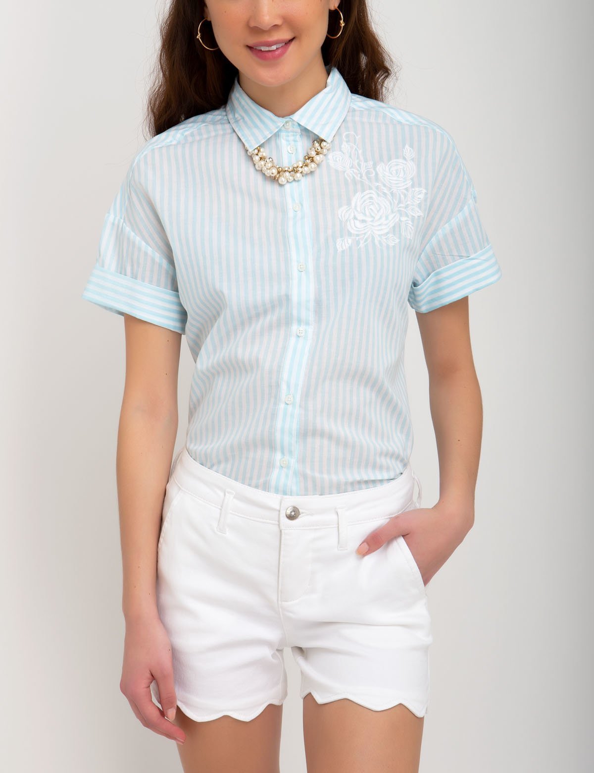 UPSA Cotton Embroidered Striped Button-Up Shirt