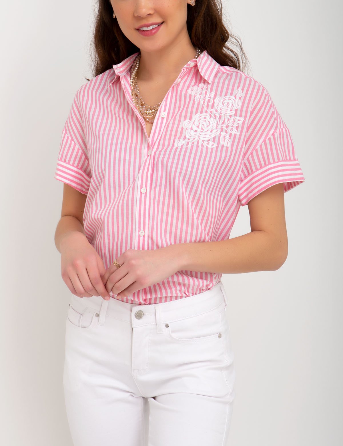 UPSA Cotton Embroidered Striped Button-Up Shirt