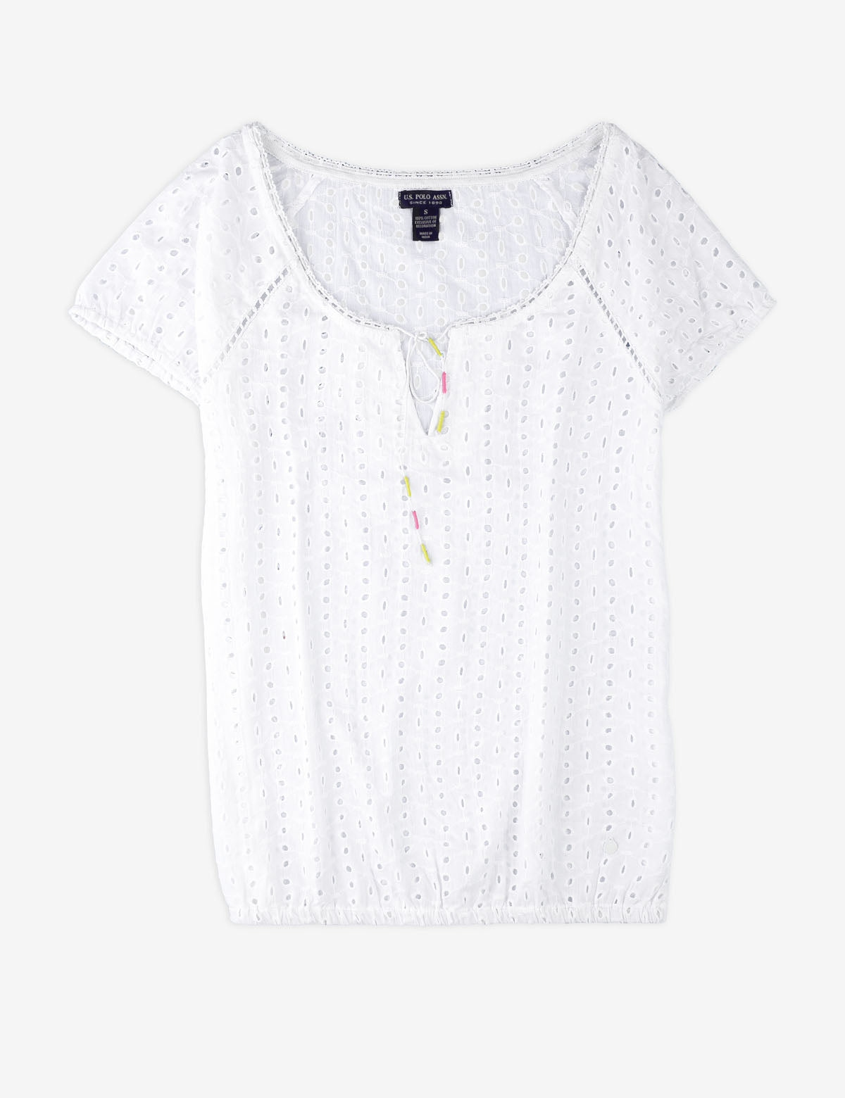 Eyelet Peasant Blouse with Gathered Waist & Cap Sleeves