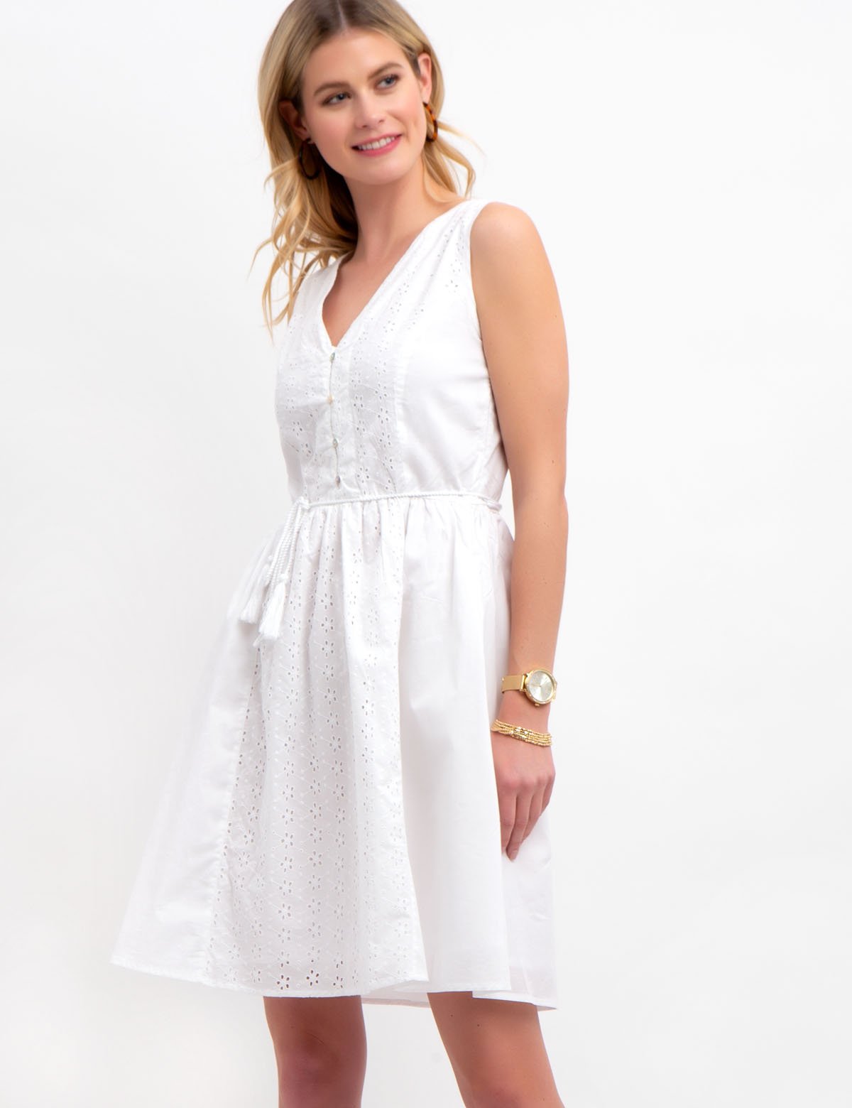 V-Neck Eyelet Poplin Dress with Tie Waist