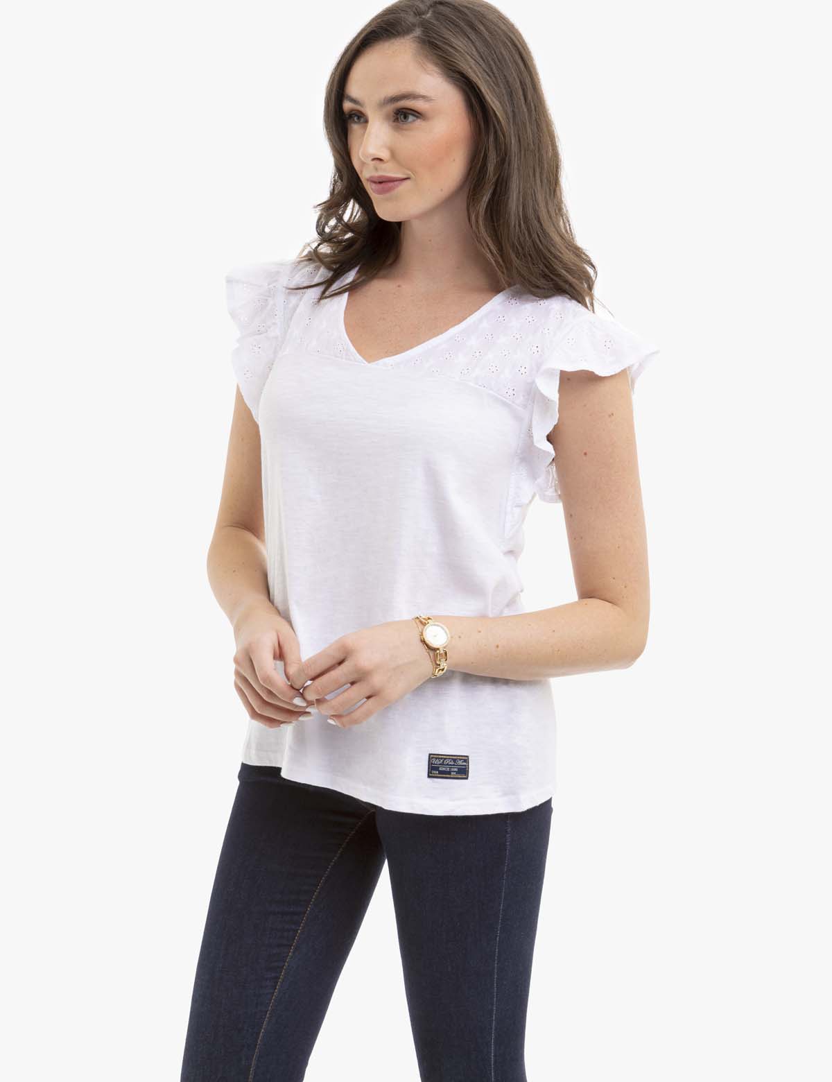Flutter Sleeve Eyelet Yoke Top - Women's Boho Blouse