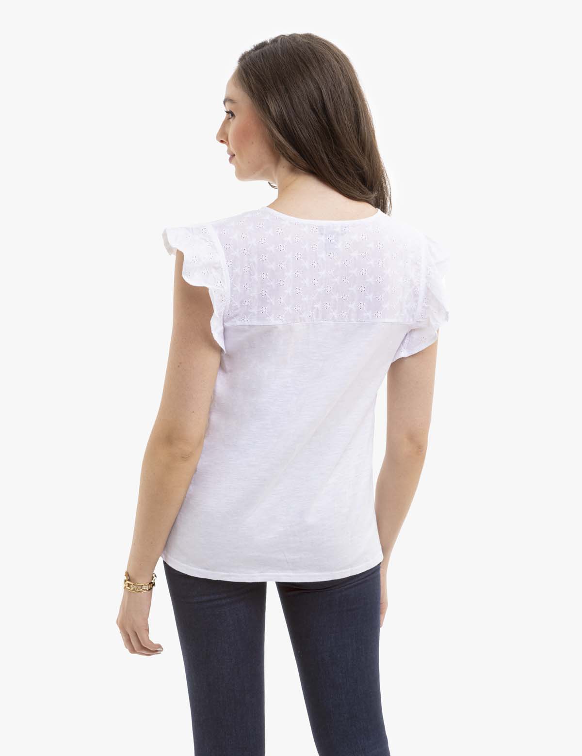 Flutter Sleeve Eyelet Yoke Top - Women's Boho Blouse