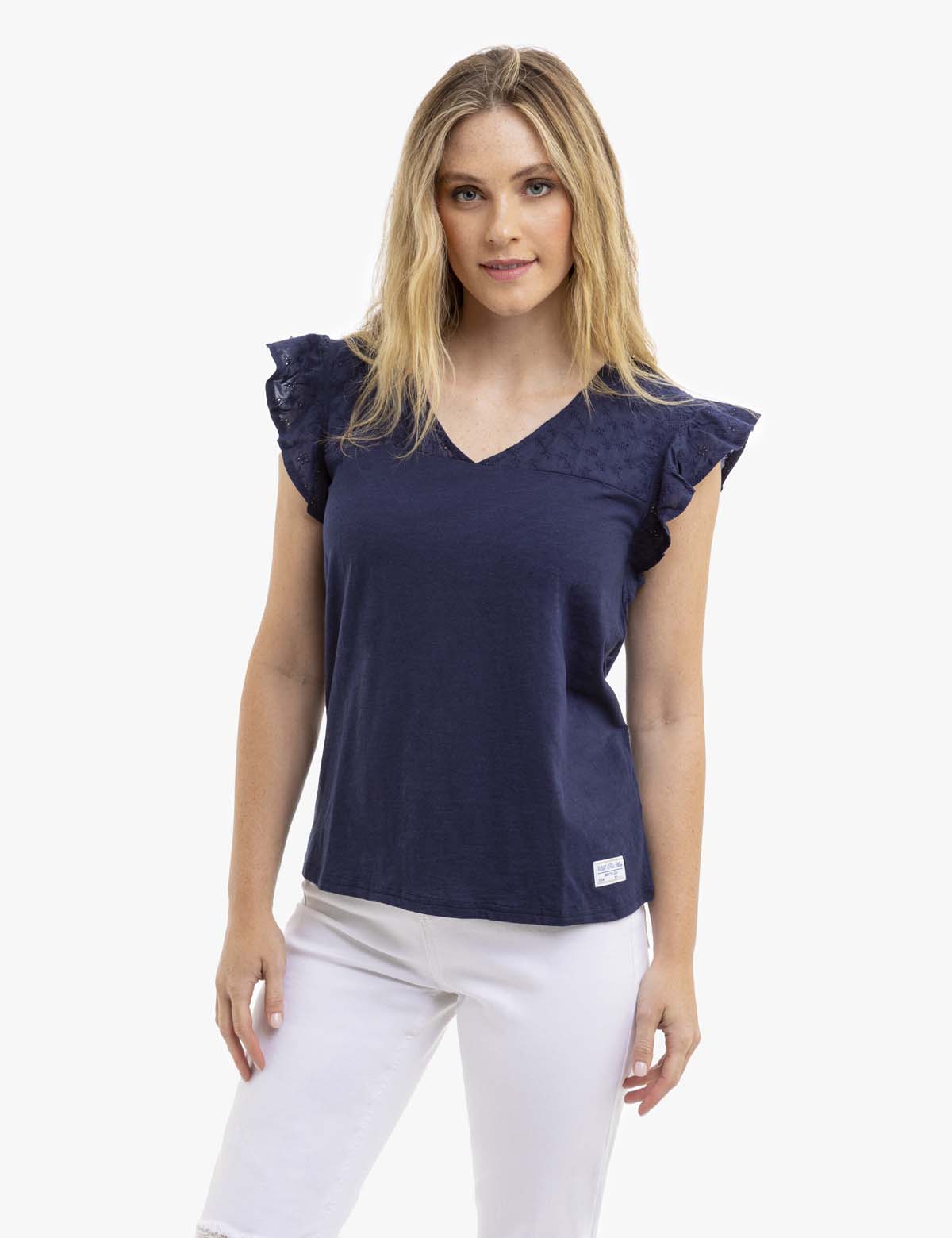 Flutter Sleeve Eyelet Yoke Top - Women's Boho Blouse