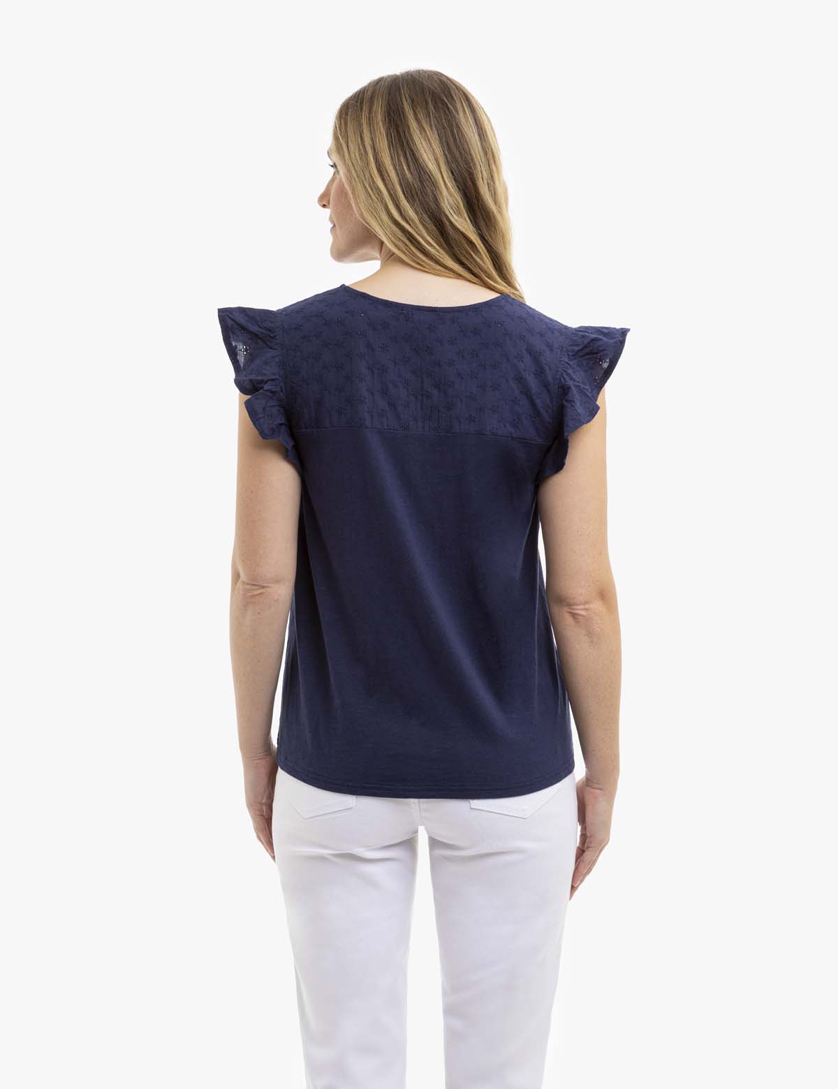 Flutter Sleeve Eyelet Yoke Top - Women's Boho Blouse