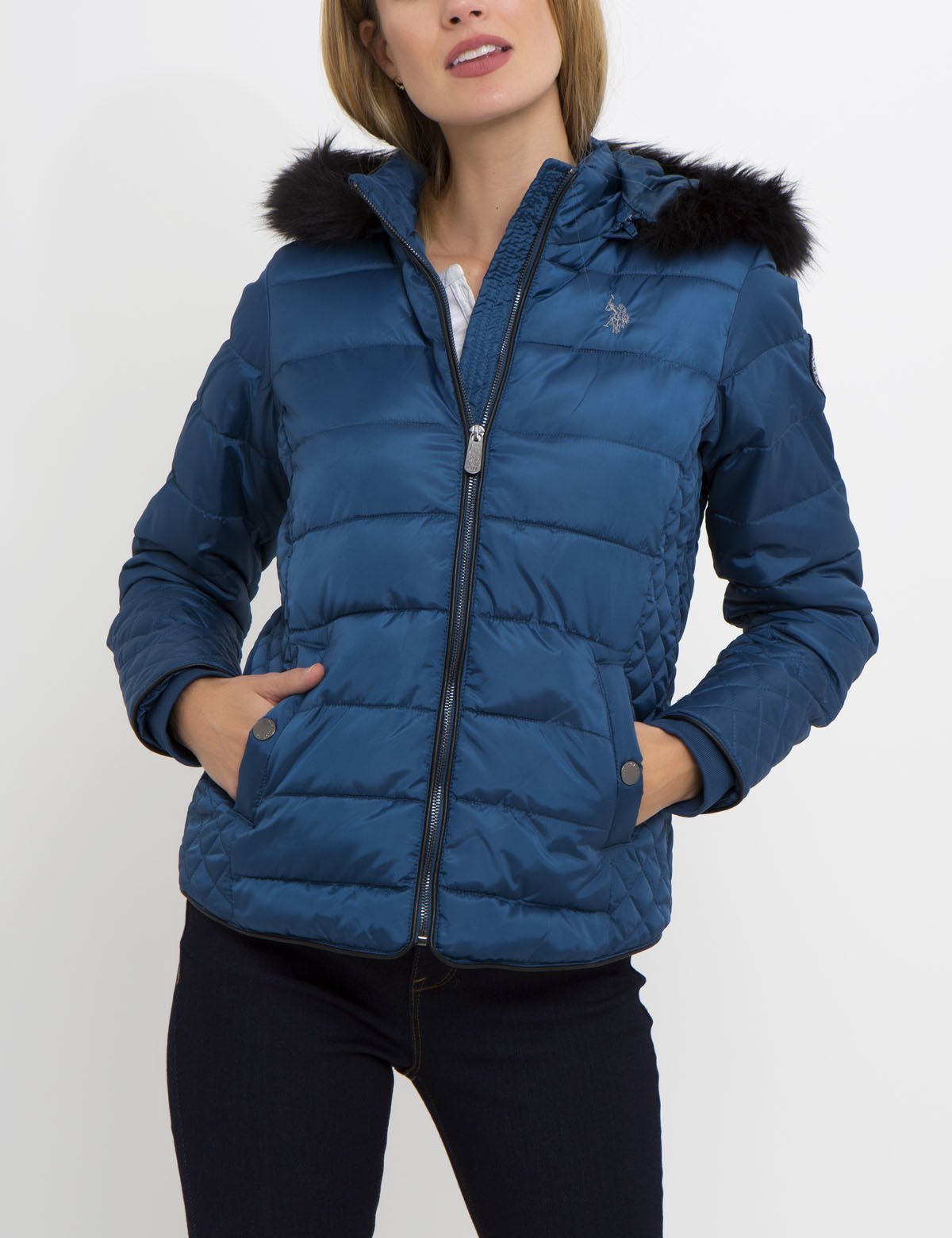 Faux Fur Hooded Quilted Puffer Jacket with Front Pockets