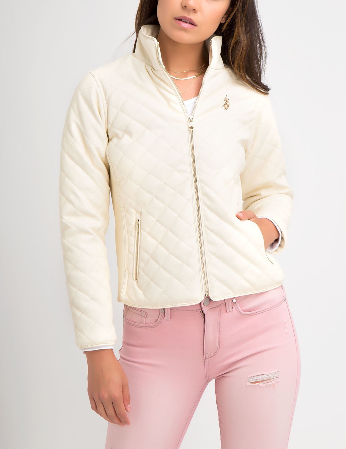 Faux Leather Quilted Jacket with Knit Panels & Zipper