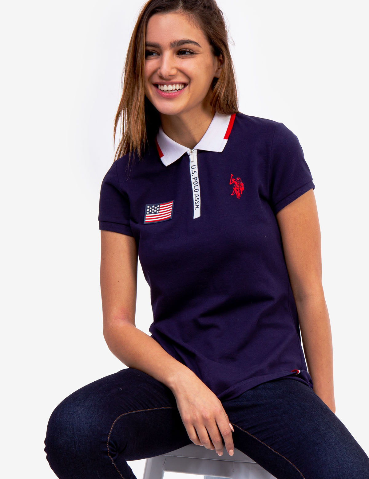 US Polo Assn Flag Zip-Up Polo Shirt with Contrast Collar
