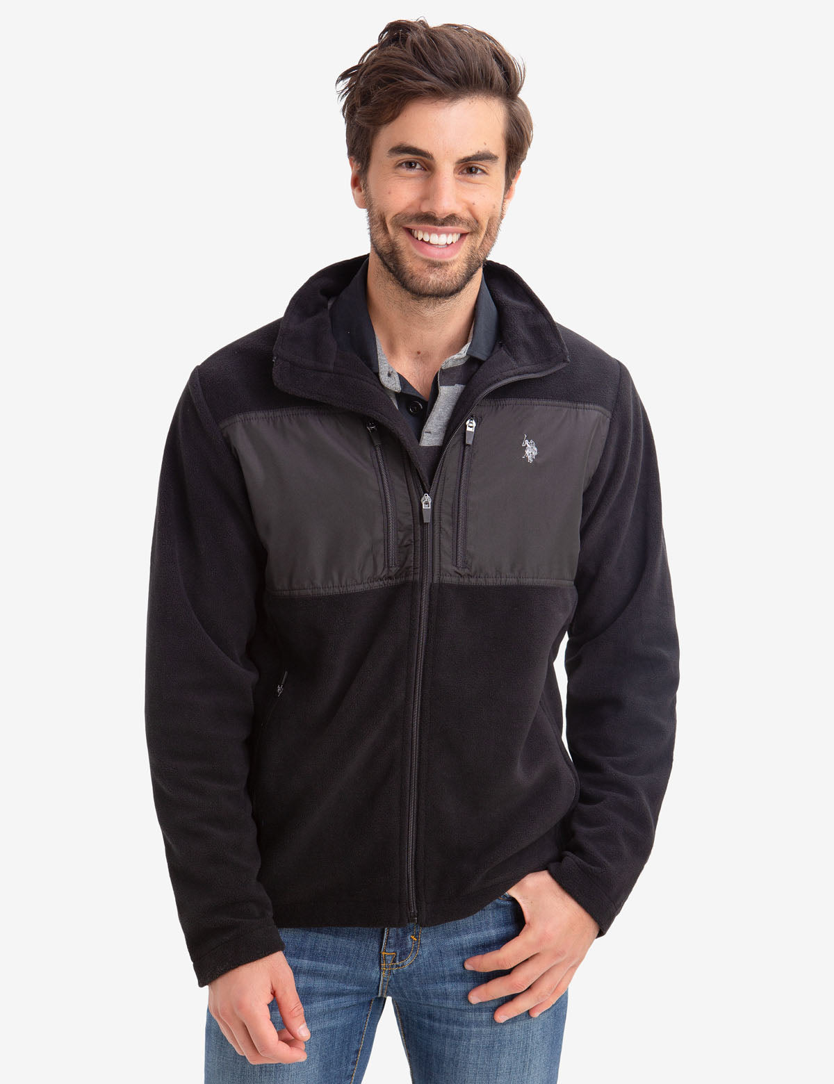Men's Fleece Jacket with Mock Neck & Embroidered Logo