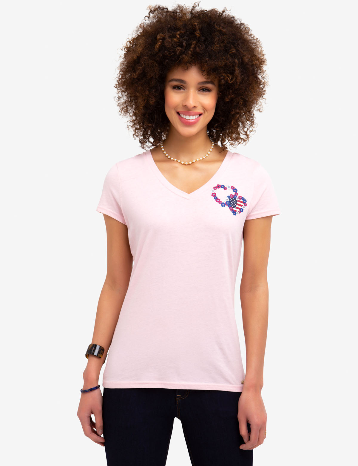 Floral & Flag Hearts V-Neck Graphic T-Shirt - Cotton Blend