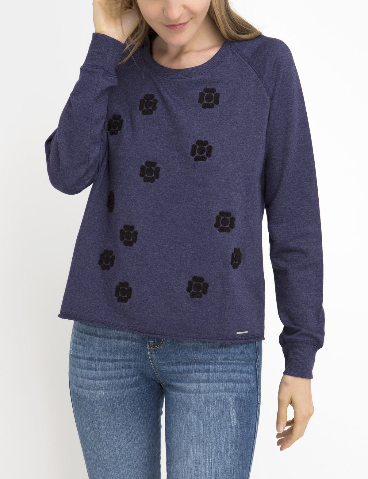 Floral Applique Cotton Sweatshirt with Long Sleeves