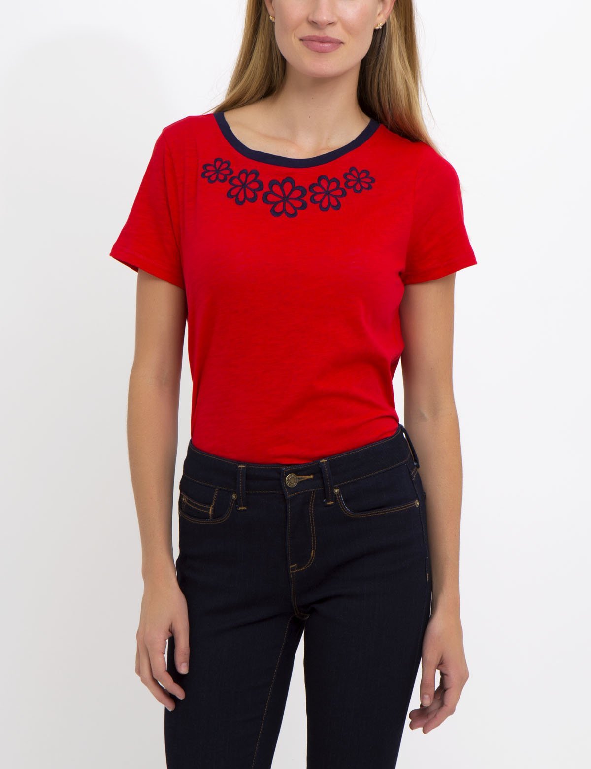 Floral Embroidered Cotton T-Shirt with Round Neck
