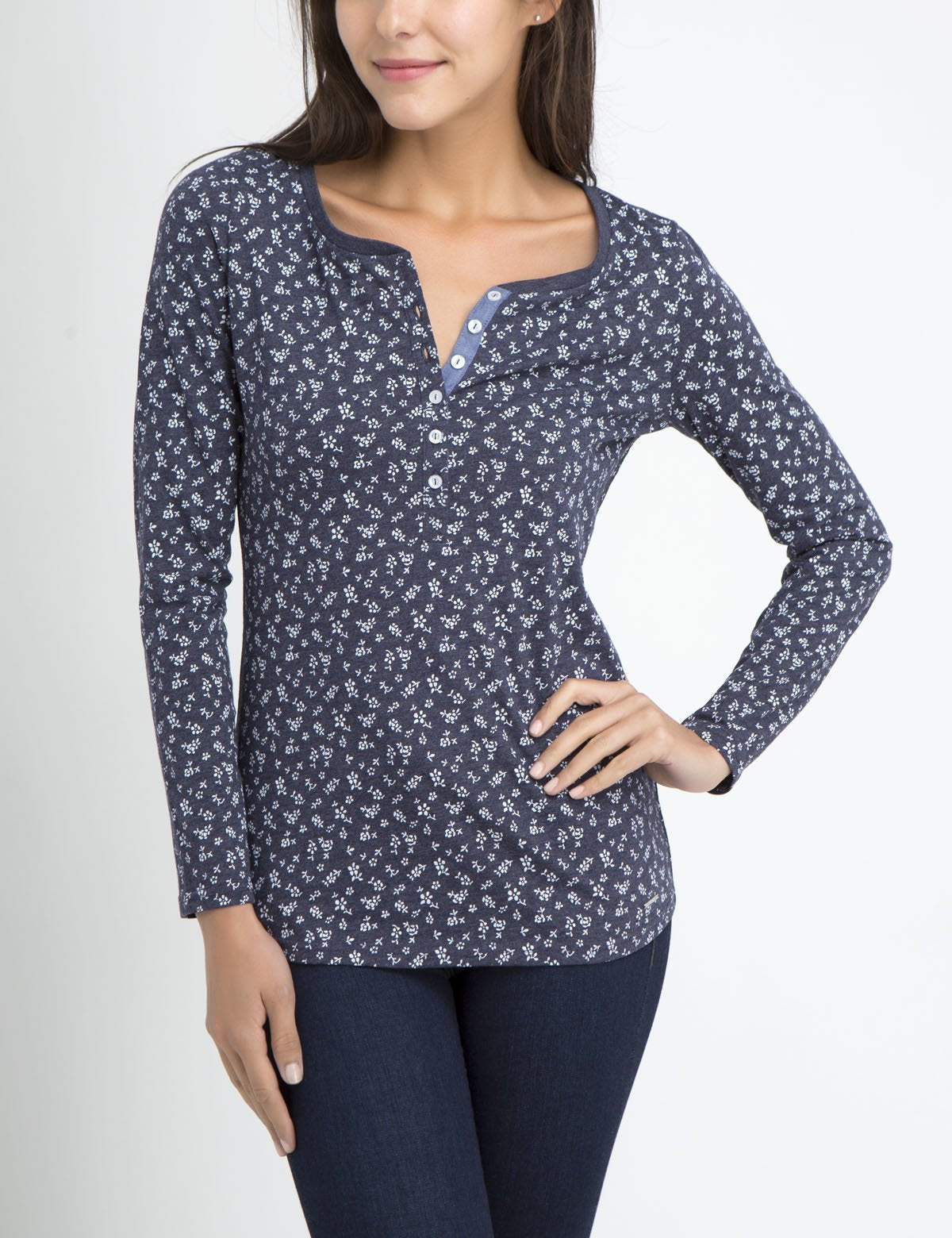 Floral Print Henley Shirt - Cotton Blend Long Sleeve Tee