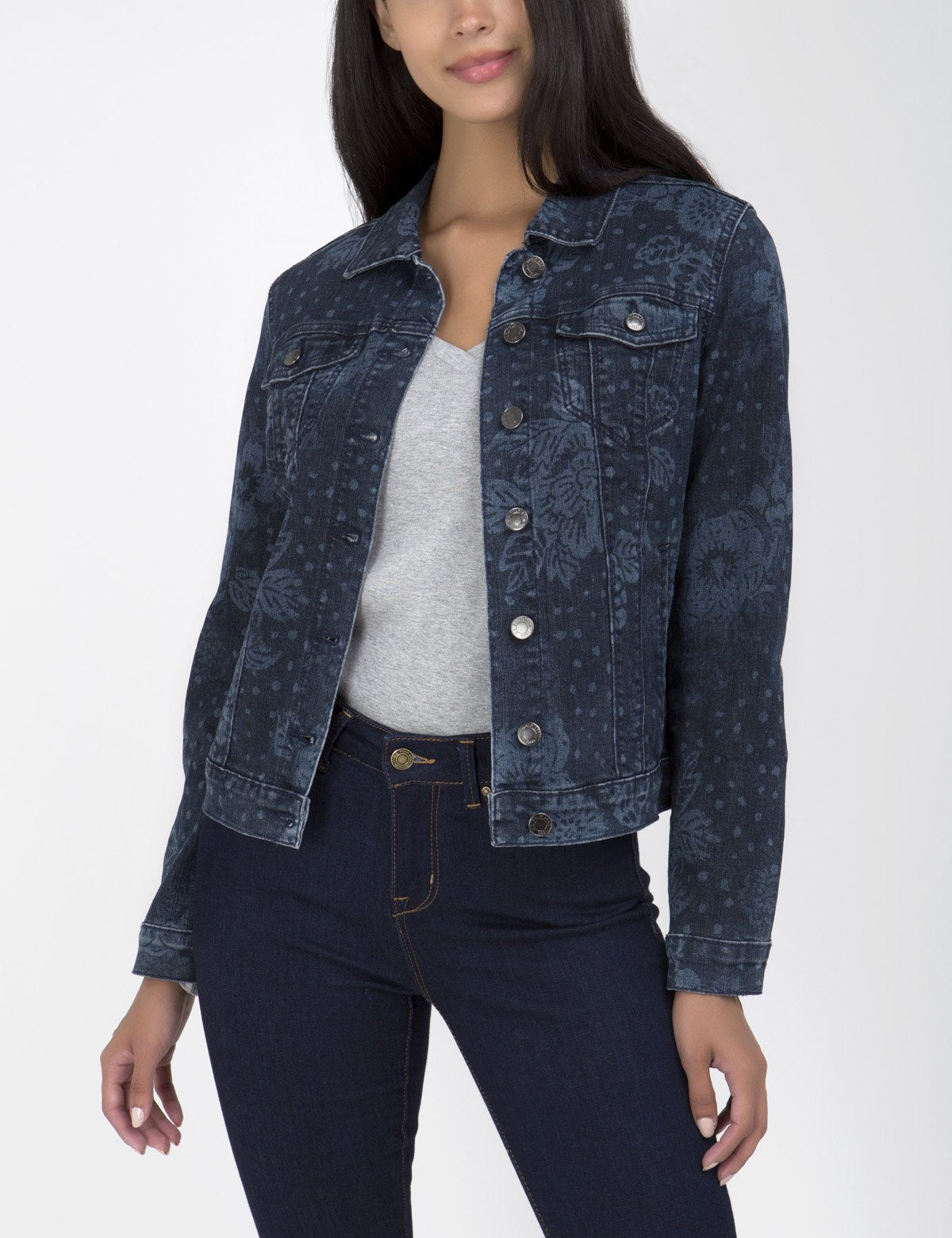 Floral Print Denim Jacket for Women - Cotton Blend Hip Length