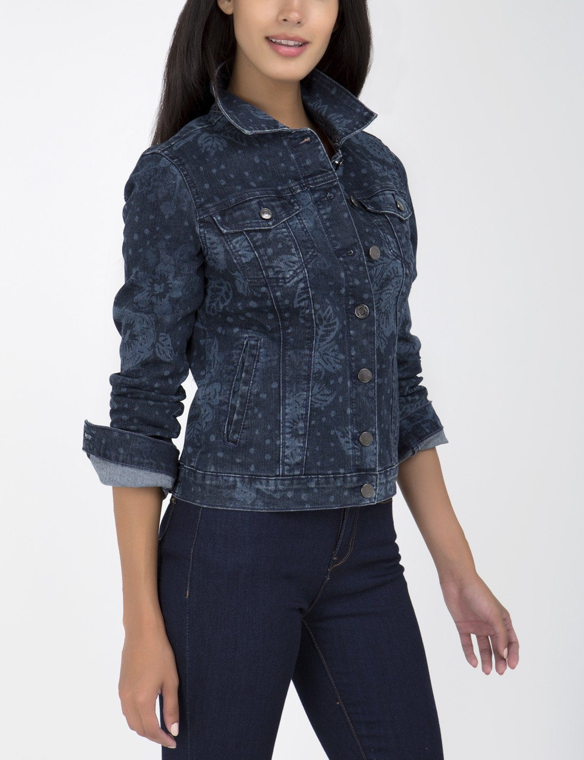 Floral Print Denim Jacket for Women - Cotton Blend Hip Length