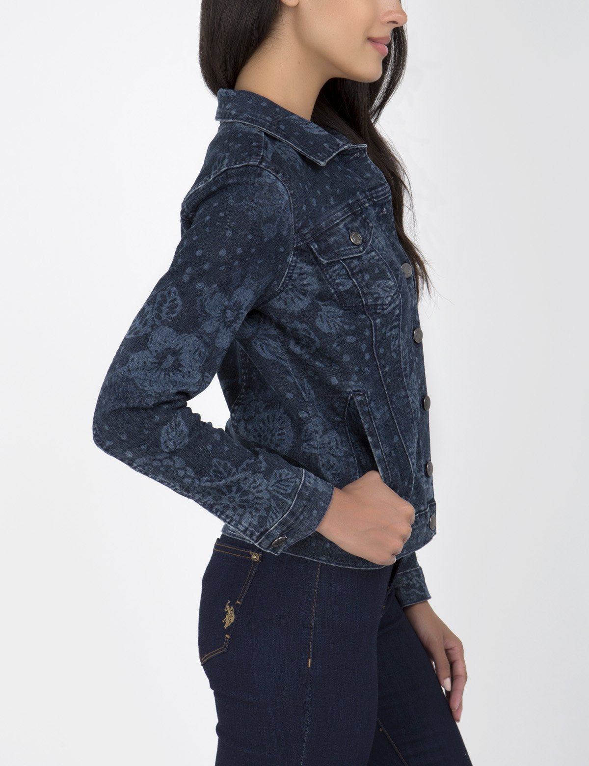 Floral Print Denim Jacket for Women - Cotton Blend Hip Length