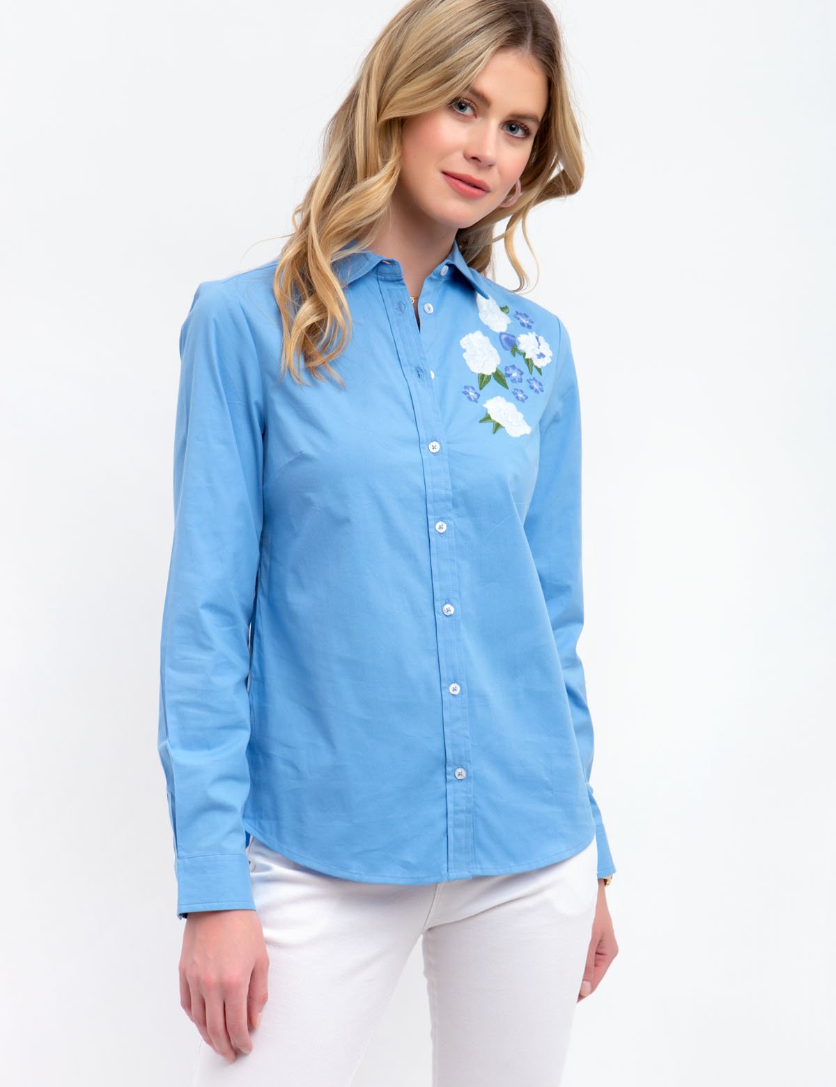 Floral Embroidered Poplin Button-Up Top