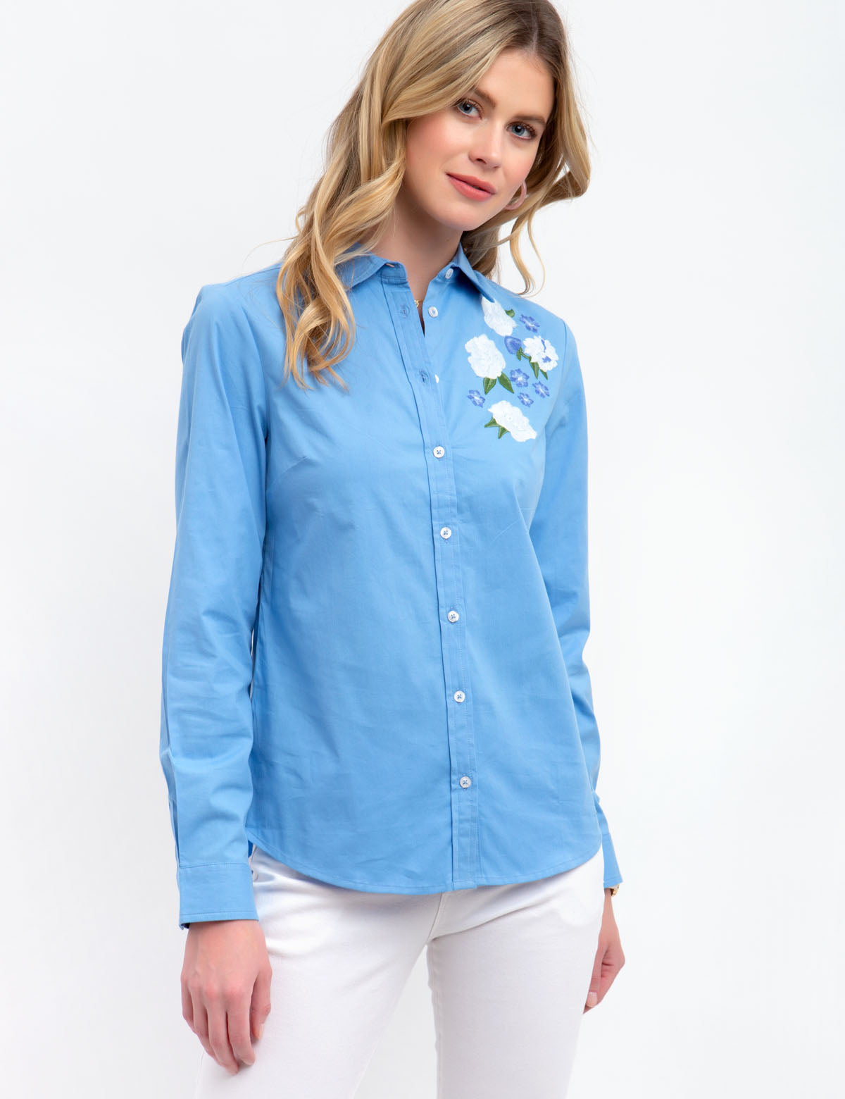 Floral Embroidered Poplin Button-Up Top