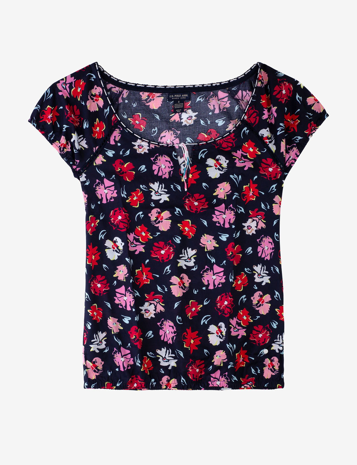 Floral Print Peasant Blouse with Gathered Waist & Cap Sleeves