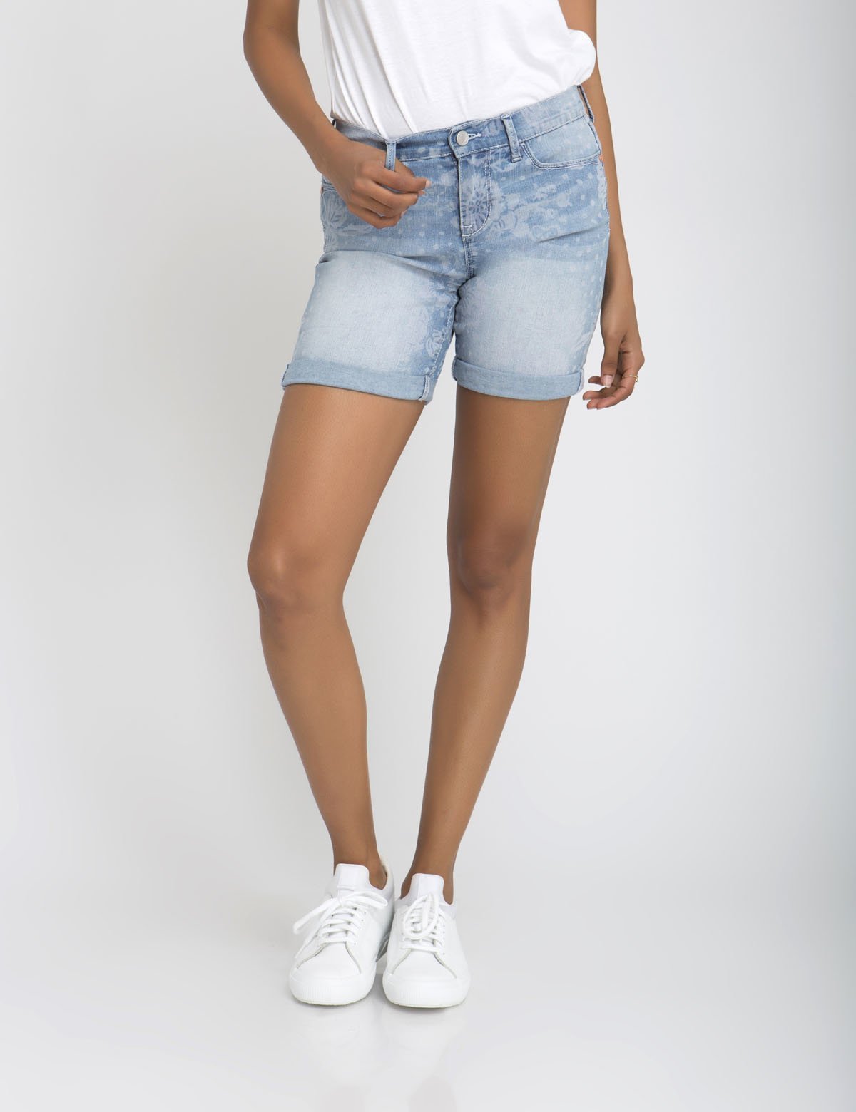 Floral Print Denim Shorts for Women - Light Washed Cotton Blend