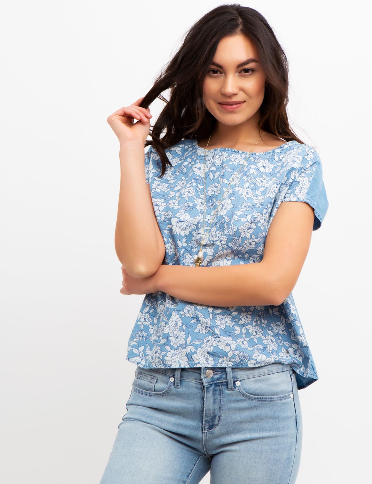 Floral Print Denim Shirt - Cotton Lyocell Blend Top