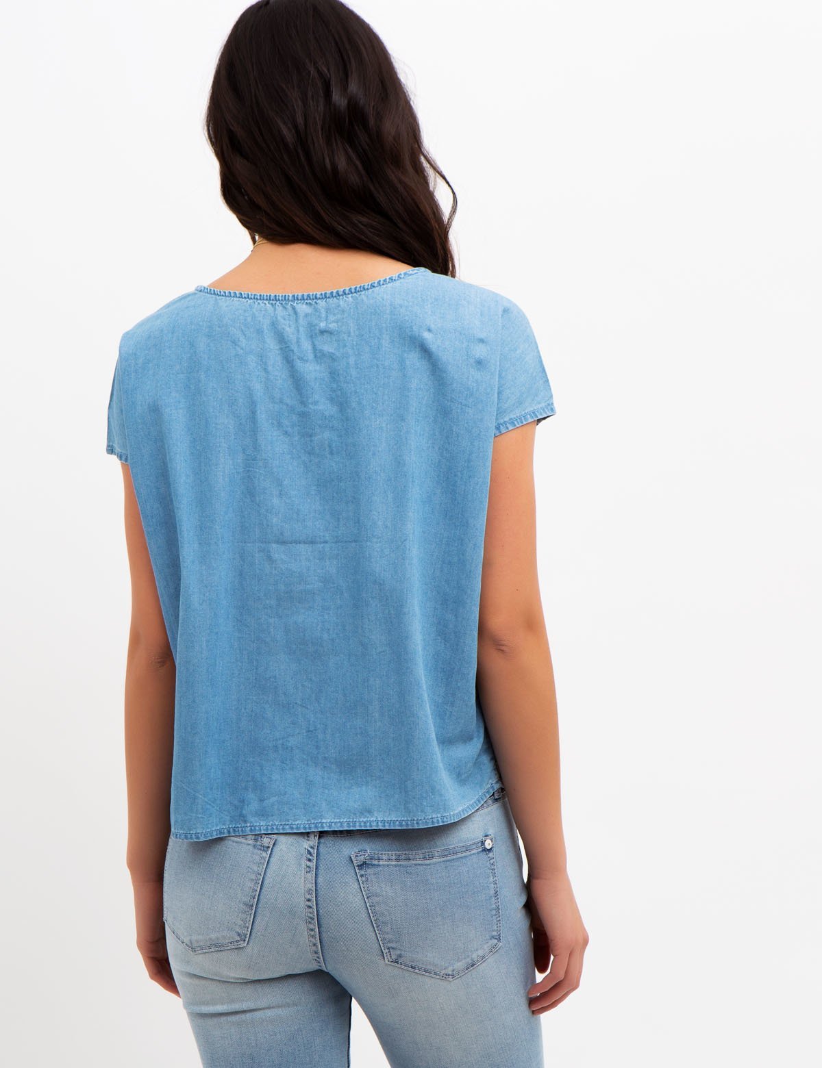Floral Print Denim Shirt - Cotton Lyocell Blend Top