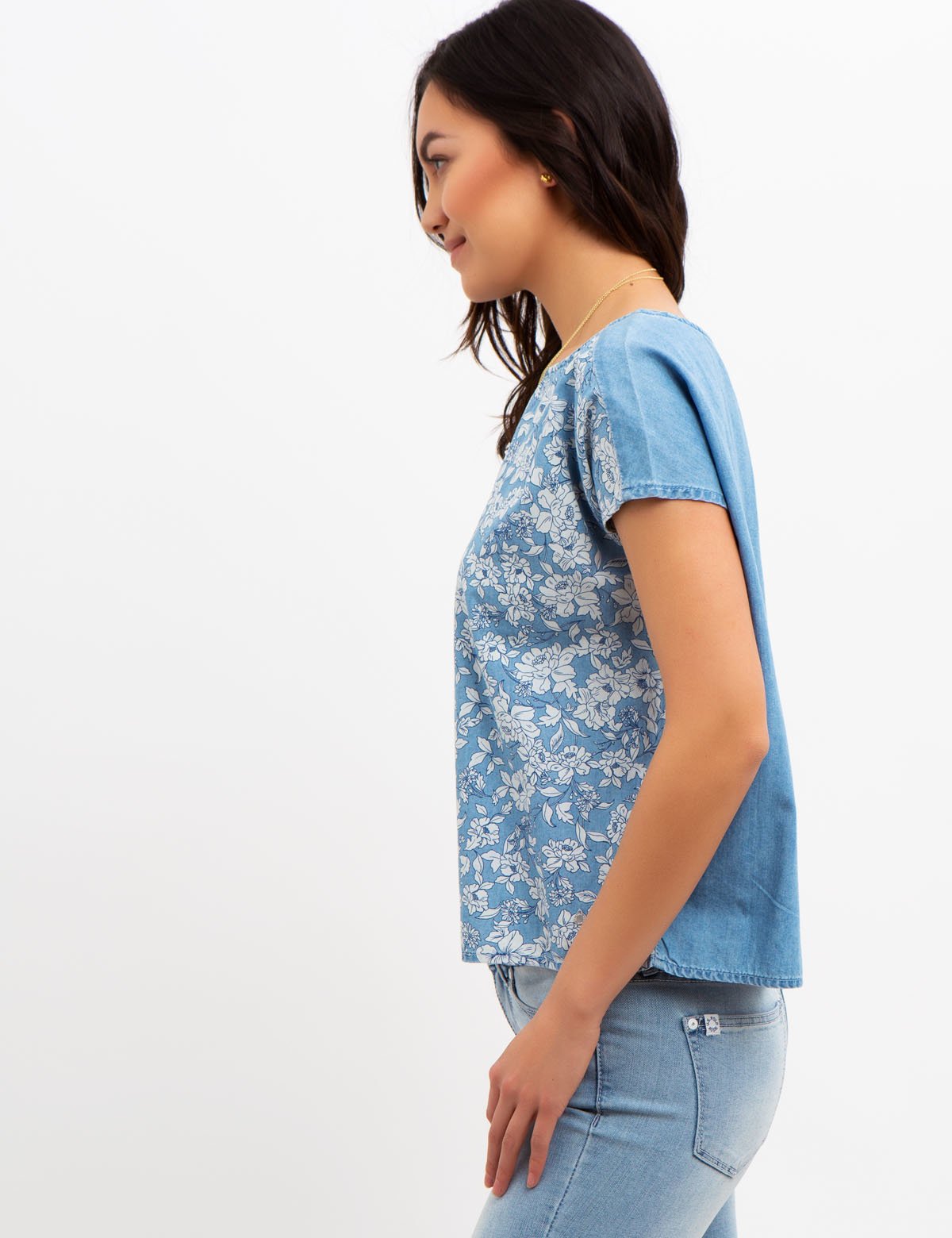 Floral Print Denim Shirt - Cotton Lyocell Blend Top