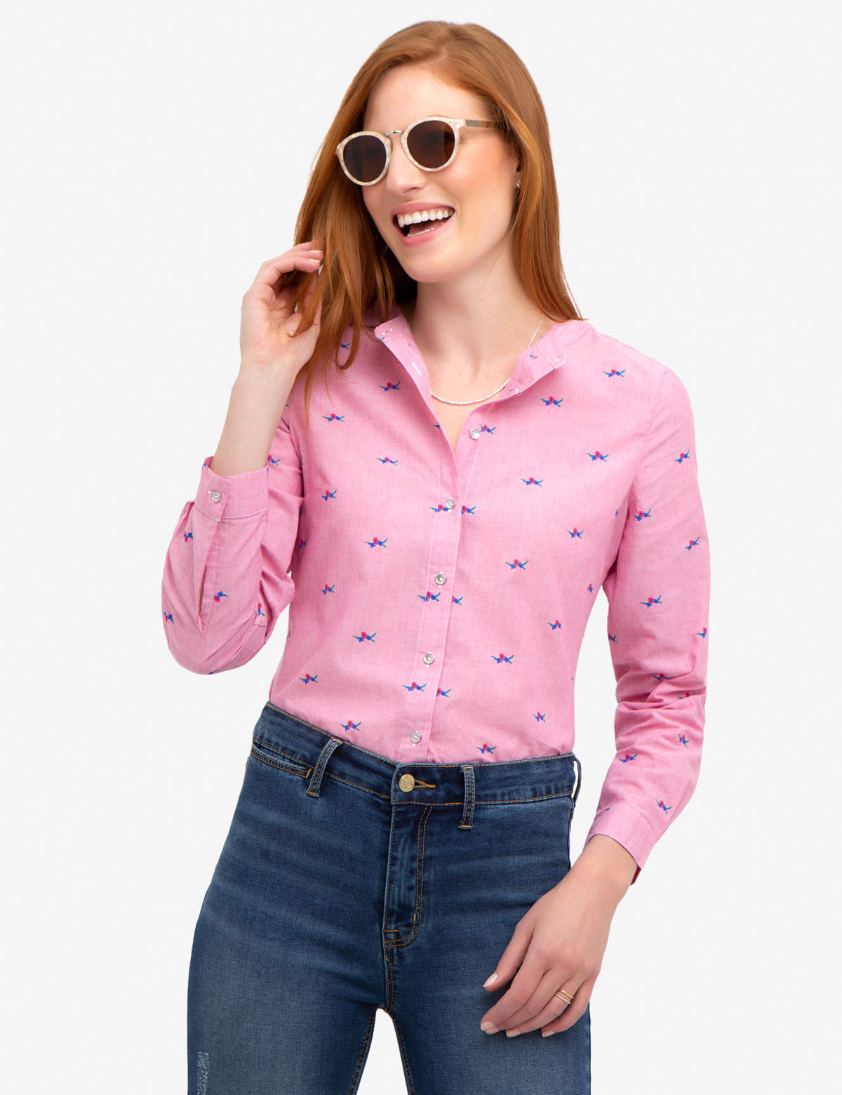 Floral Striped Cotton Poplin Shirt with Button Front