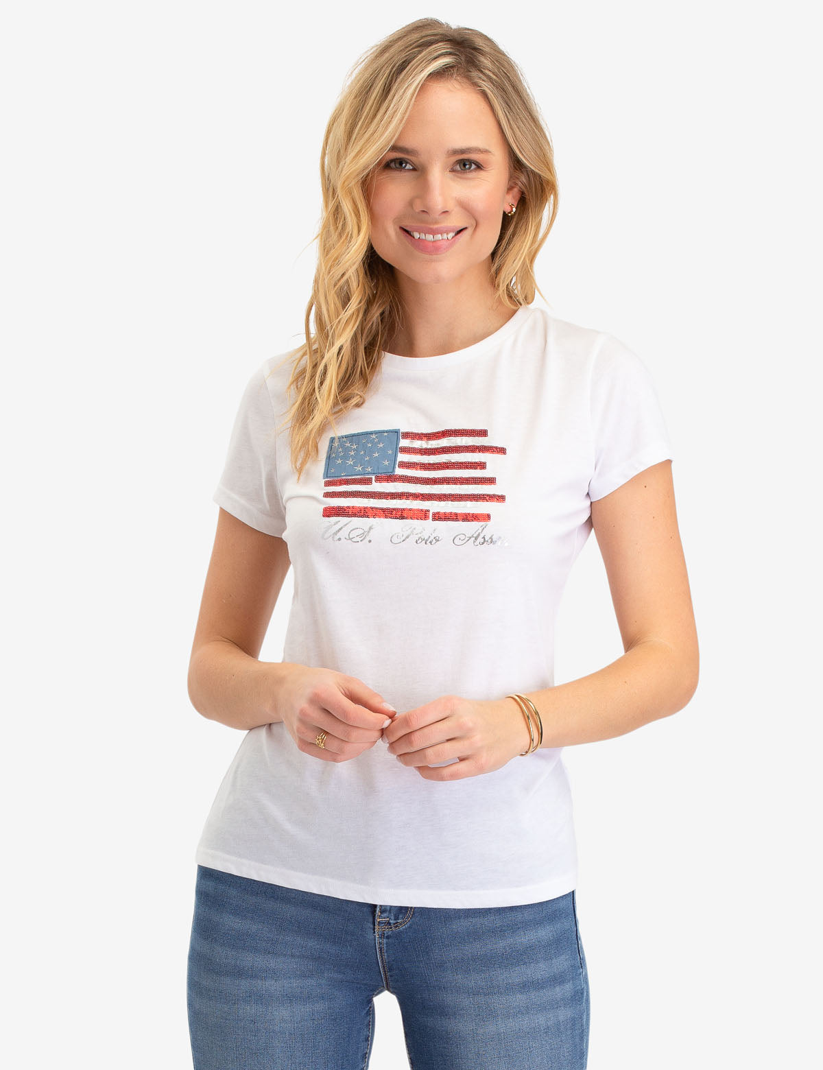 Patriotic Foil Flag Graphic T-Shirt with Embroidered Stars