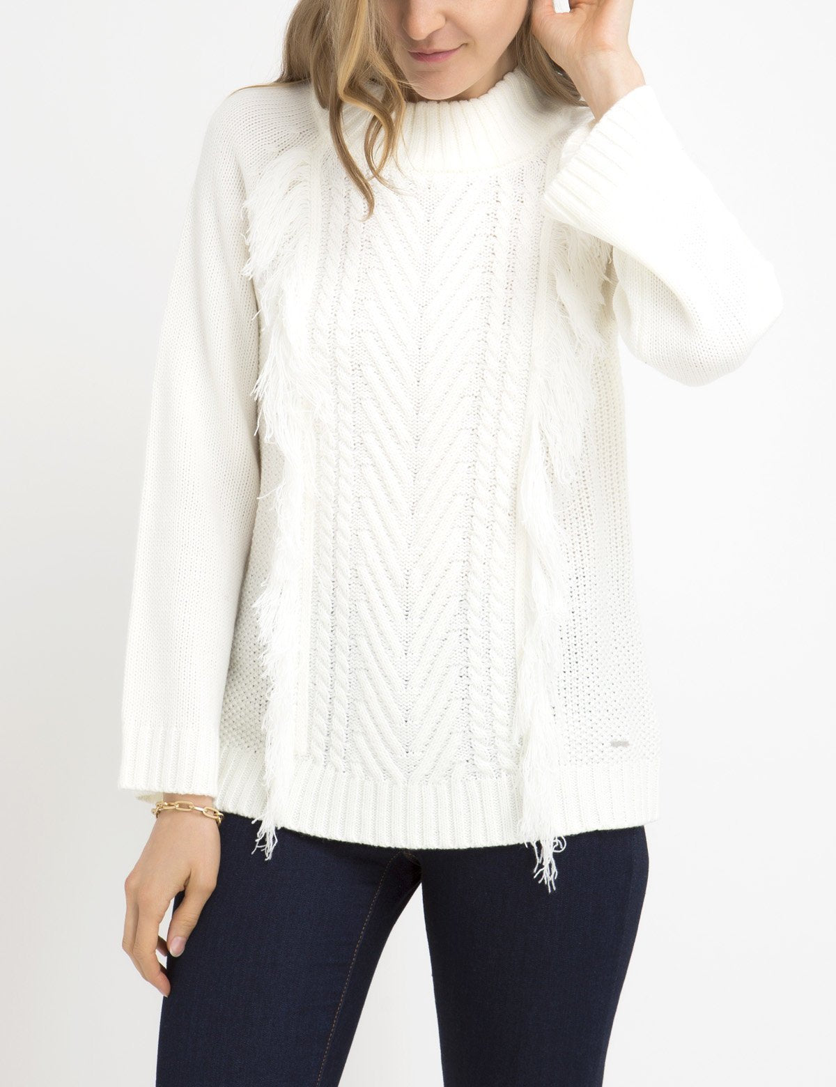 Fringe Mock Neck Sweater - Acrylic & Polyester Knit Pullover