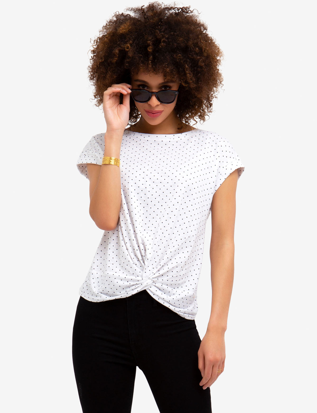 Women's Dotted Twist Front T-Shirt with Star Print & Drop Shoulder