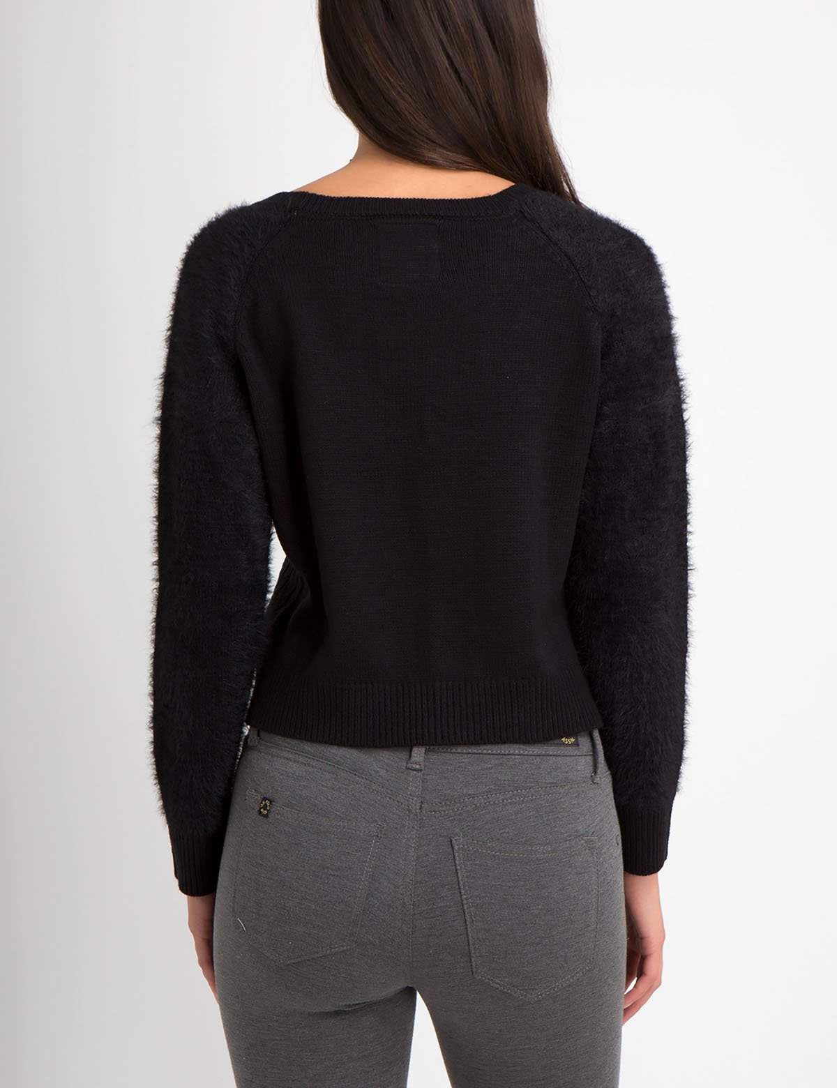Fuzzy Knit Sweater with Mixed Stitch & Logo Detail