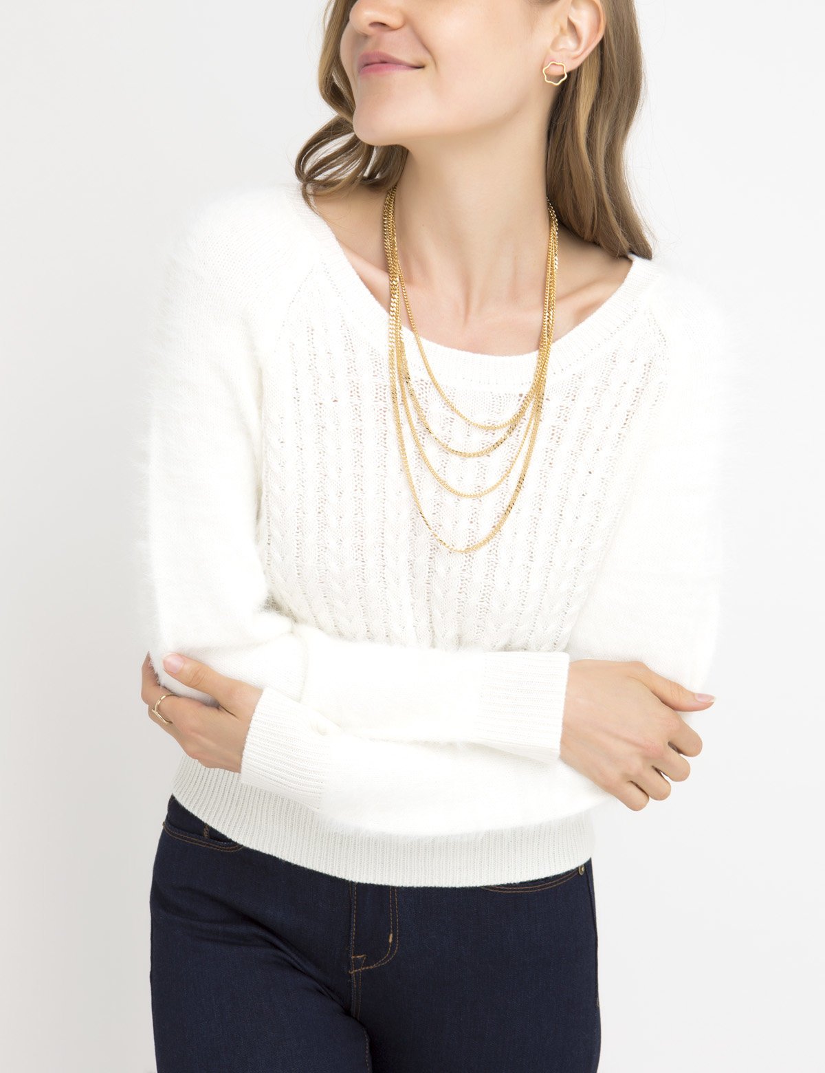 Fuzzy Knit Sweater with Mixed Stitch & Logo Detail
