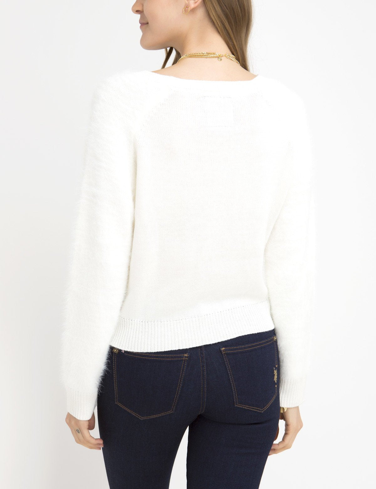 Fuzzy Knit Sweater with Mixed Stitch & Logo Detail