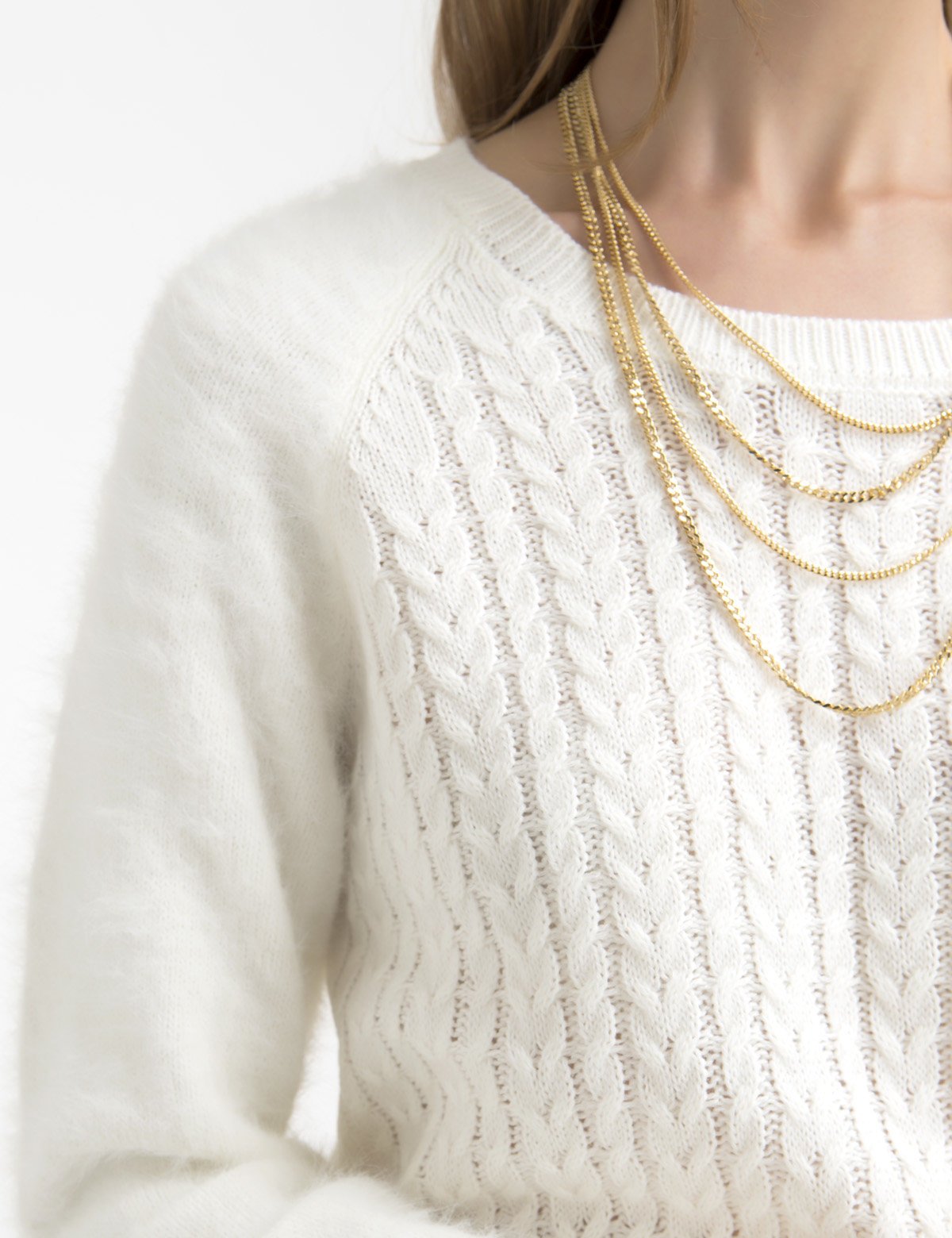 Fuzzy Knit Sweater with Mixed Stitch & Logo Detail