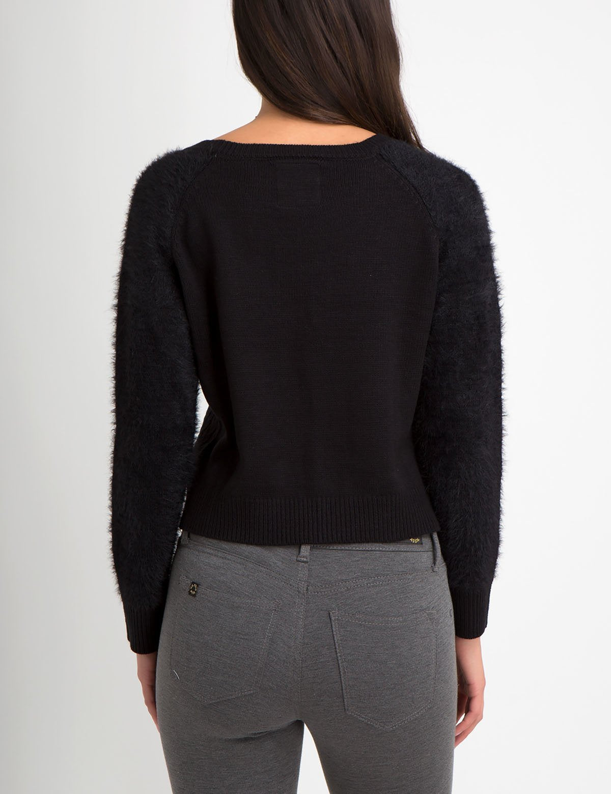 Fuzzy Knit Sweater with Mixed Stitch & Logo Detail