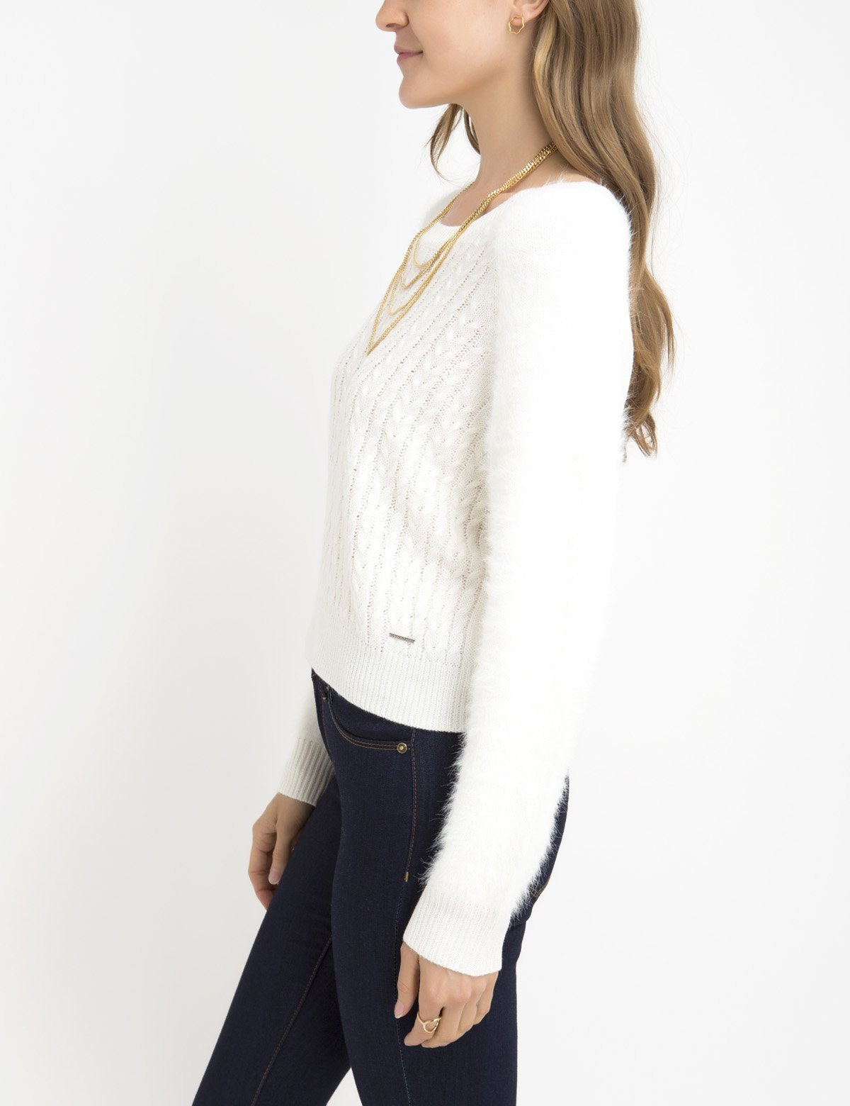 Fuzzy Knit Sweater with Mixed Stitch & Logo Detail