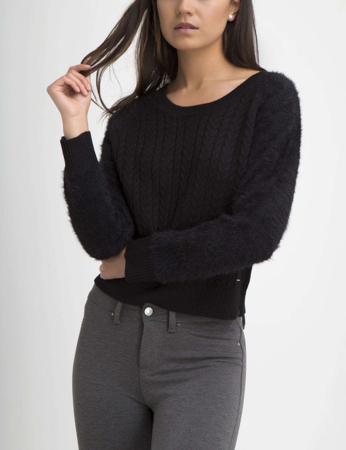 Fuzzy Knit Sweater with Mixed Stitch & Logo Detail