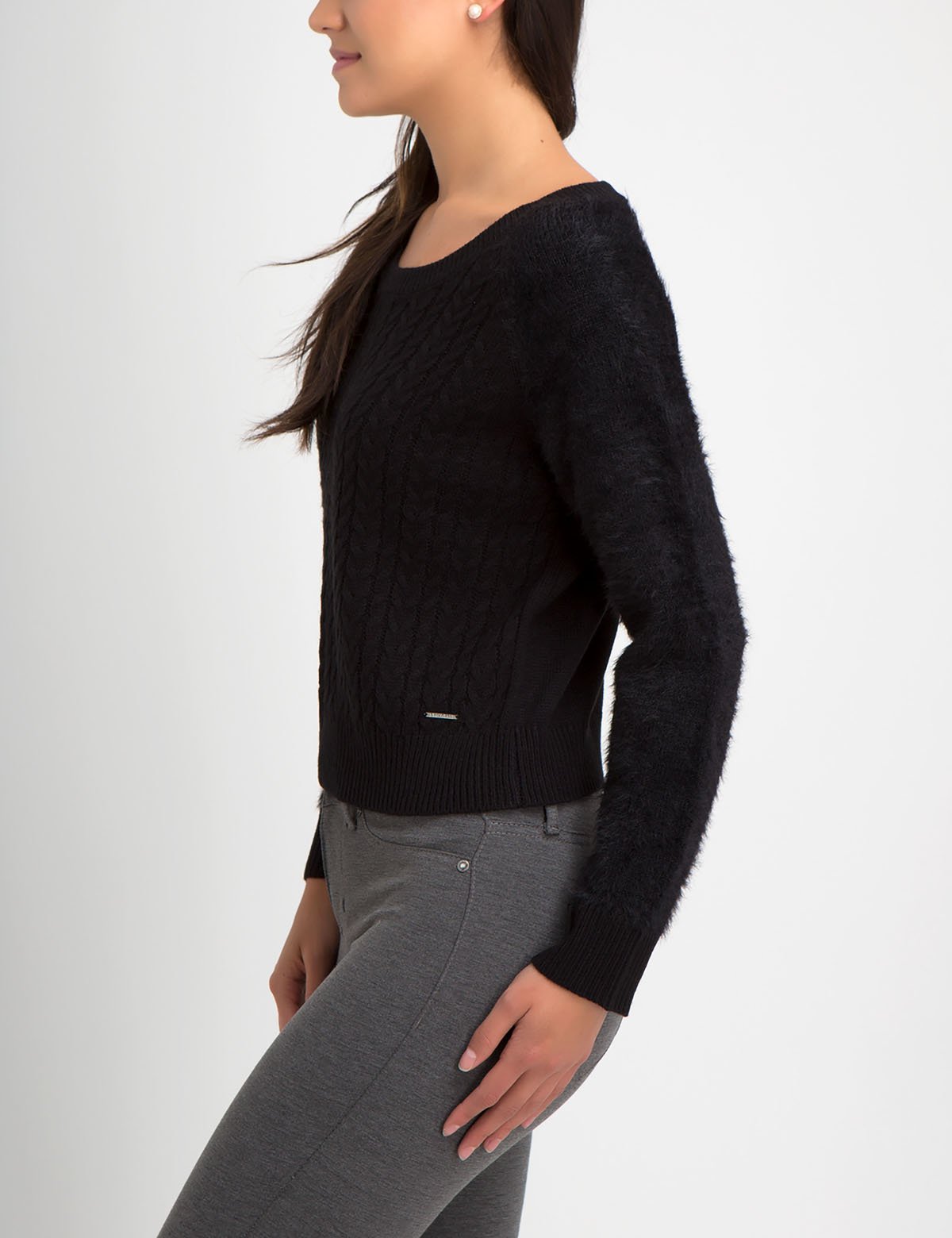 Fuzzy Knit Sweater with Mixed Stitch & Logo Detail