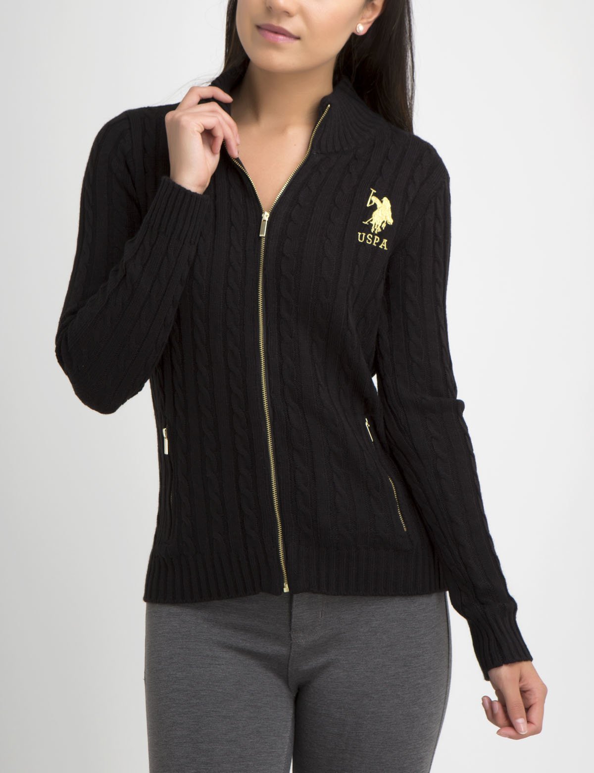 Gold Logo Full Zip Cable Knit Sweater with Mock Neck