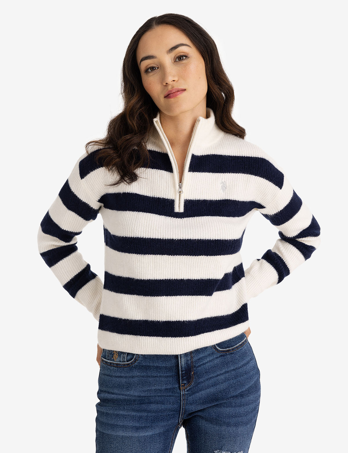 Striped Half Zip Mock Neck Sweater - Casual Pullover Top