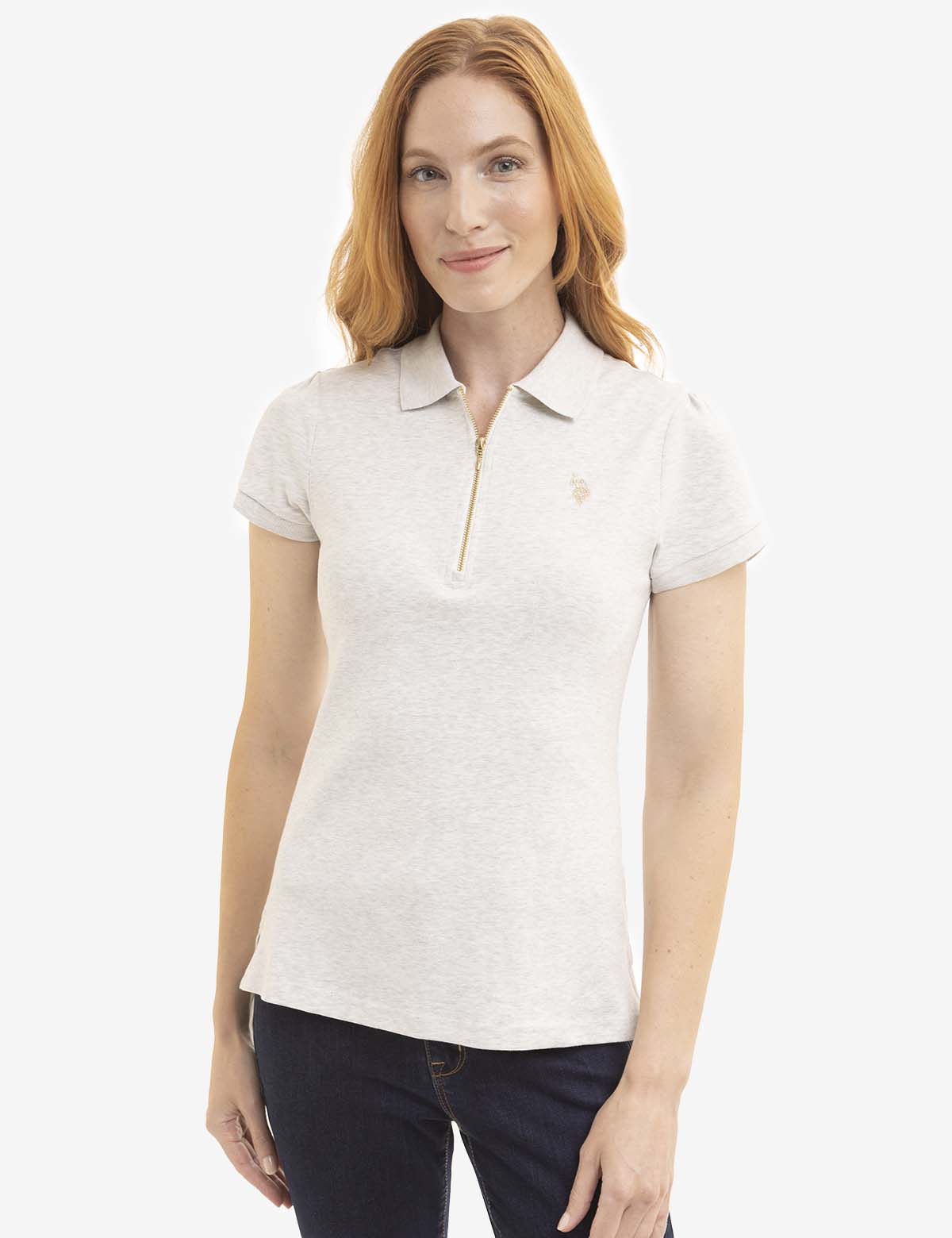 Women's Heather Polo Shirt with Half Zip & Puff Sleeves