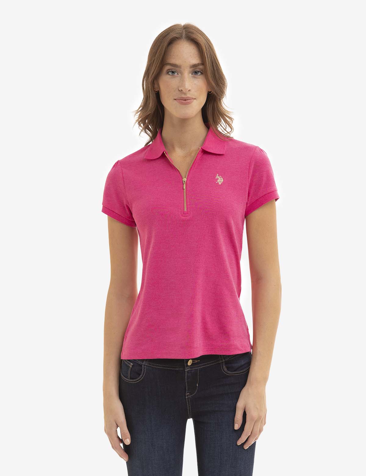 Women's Heather Polo Shirt with Half Zip & Puff Sleeves