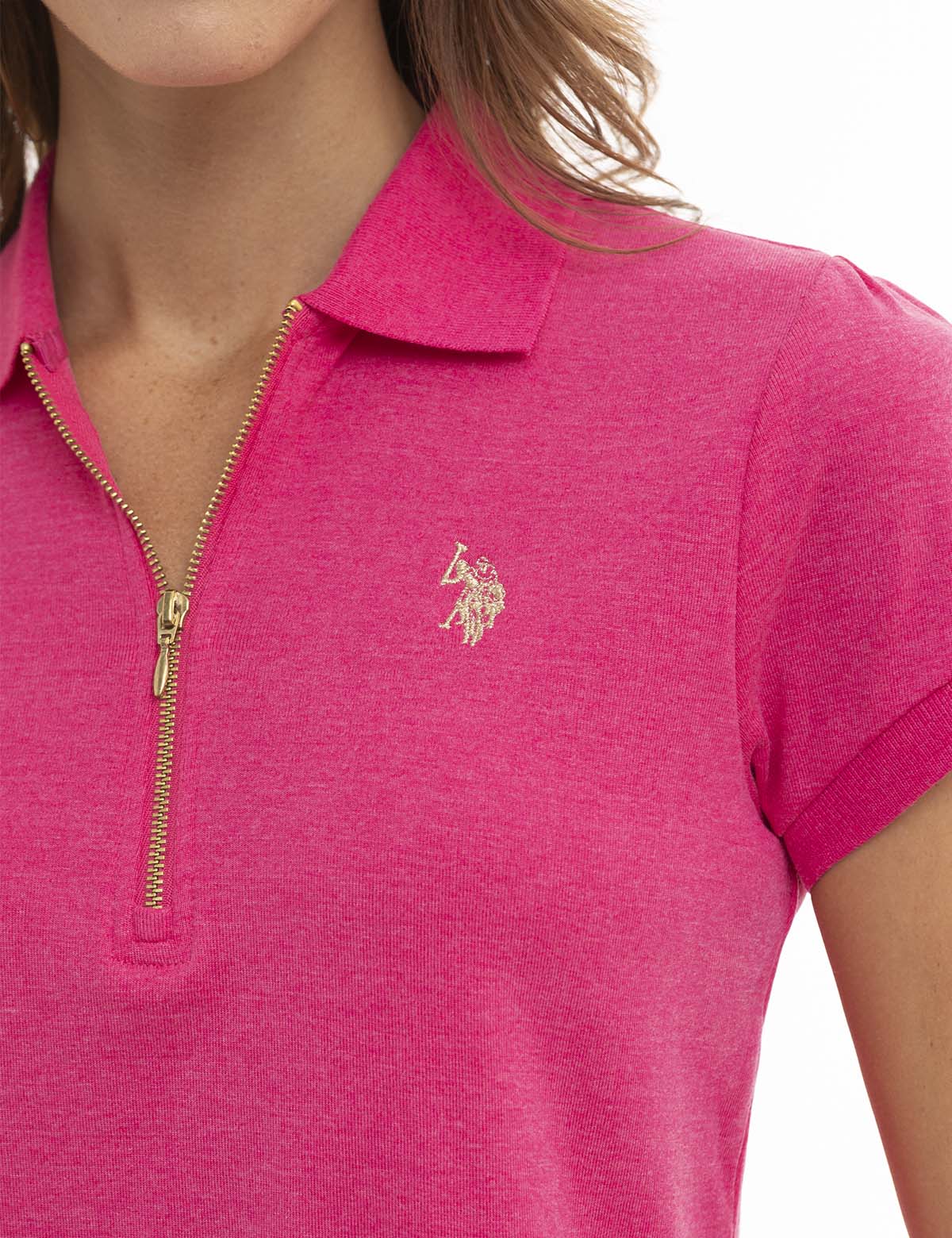 Women's Heather Polo Shirt with Half Zip & Puff Sleeves